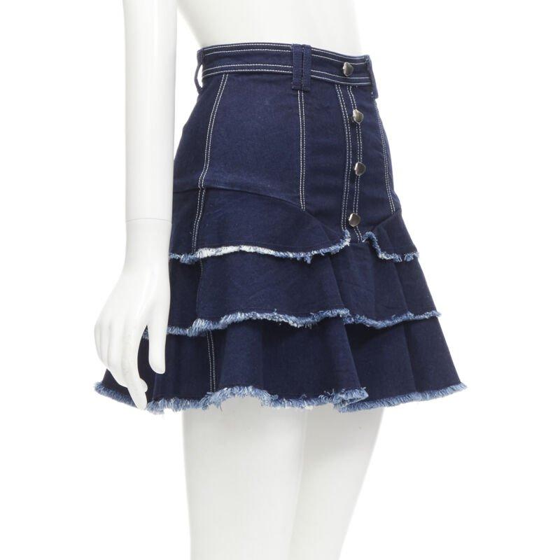Black AJE hammered silver buttons blue frayed edge tiered denim skirt UK6 XS For Sale