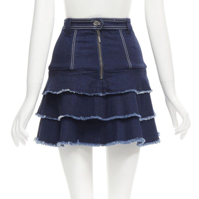Women's AJE hammered silver buttons blue frayed edge tiered denim skirt UK6 XS For Sale