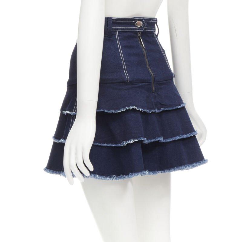 AJE hammered silver buttons blue frayed edge tiered denim skirt UK6 XS For Sale 1