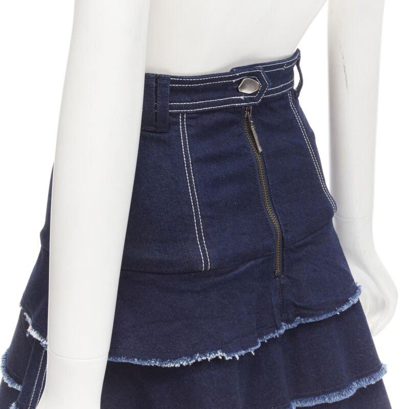 AJE hammered silver buttons blue frayed edge tiered denim skirt UK6 XS For Sale 3