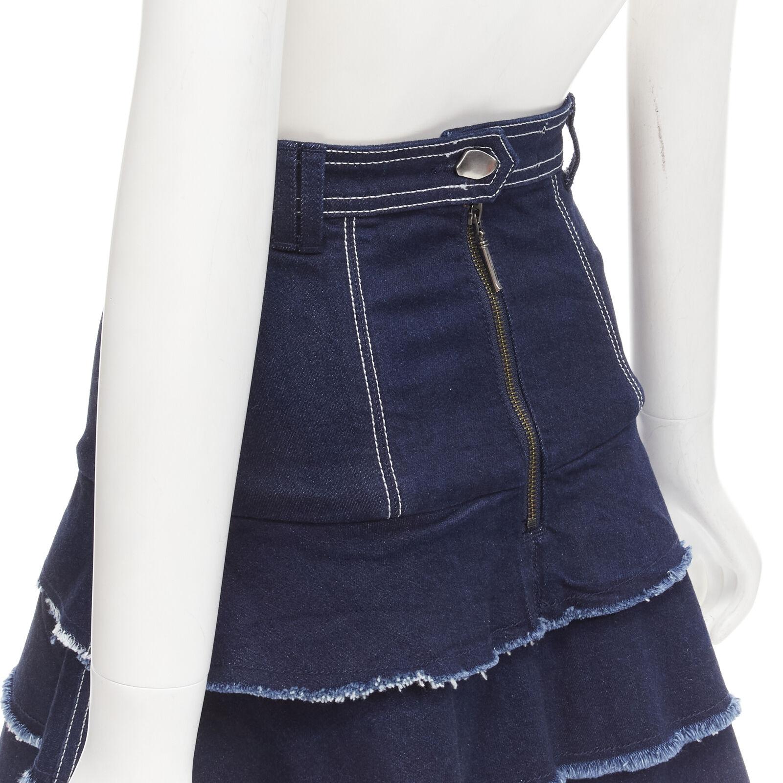 AJE hammered silver buttons blue frayed edge tiered denim skirt UK6 XS For Sale 2