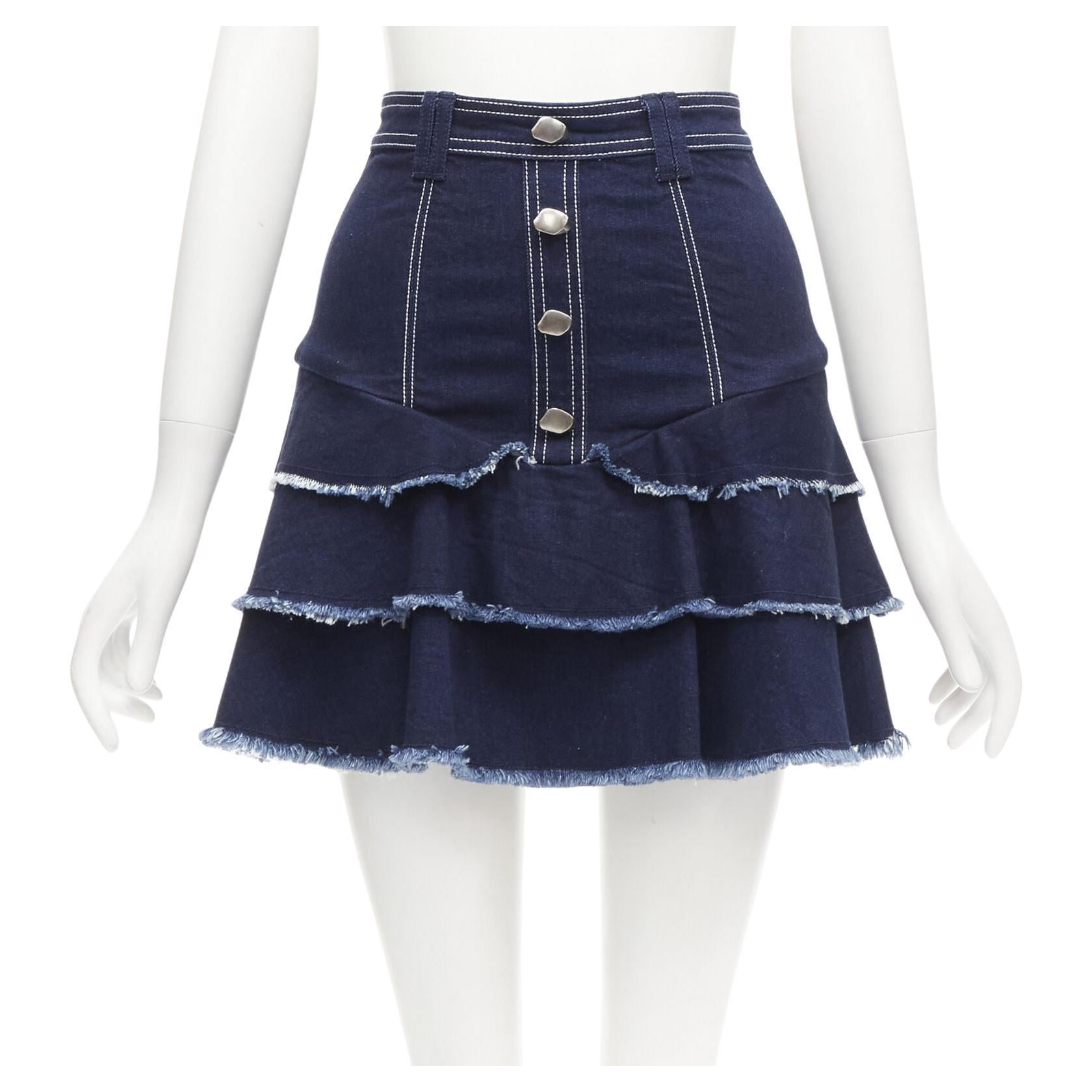 AJE hammered silver buttons blue frayed edge tiered denim skirt UK6 XS For Sale