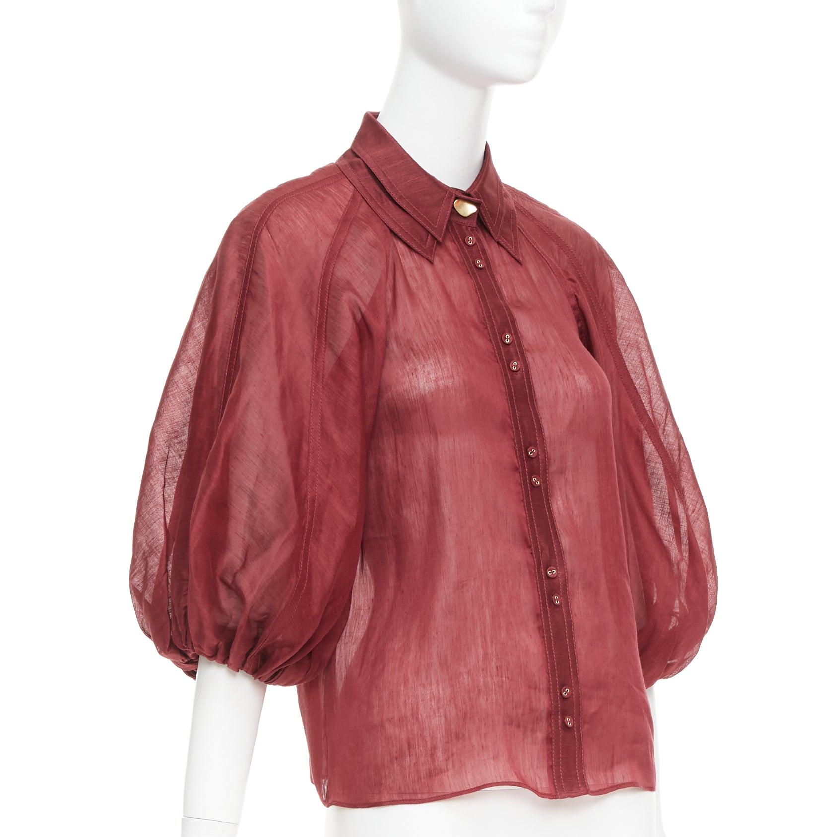 Rosa AJE Palms bordeaux seta lino manica a sbuffo raglan multi bottoni camicia UK6 XS in vendita