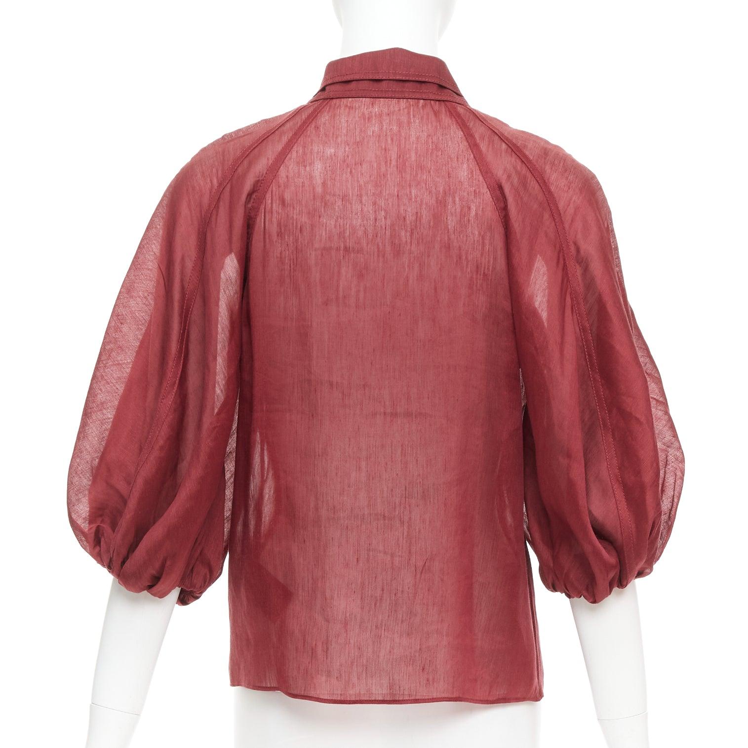 Donna AJE Palms bordeaux seta lino manica a sbuffo raglan multi bottoni camicia UK6 XS in vendita
