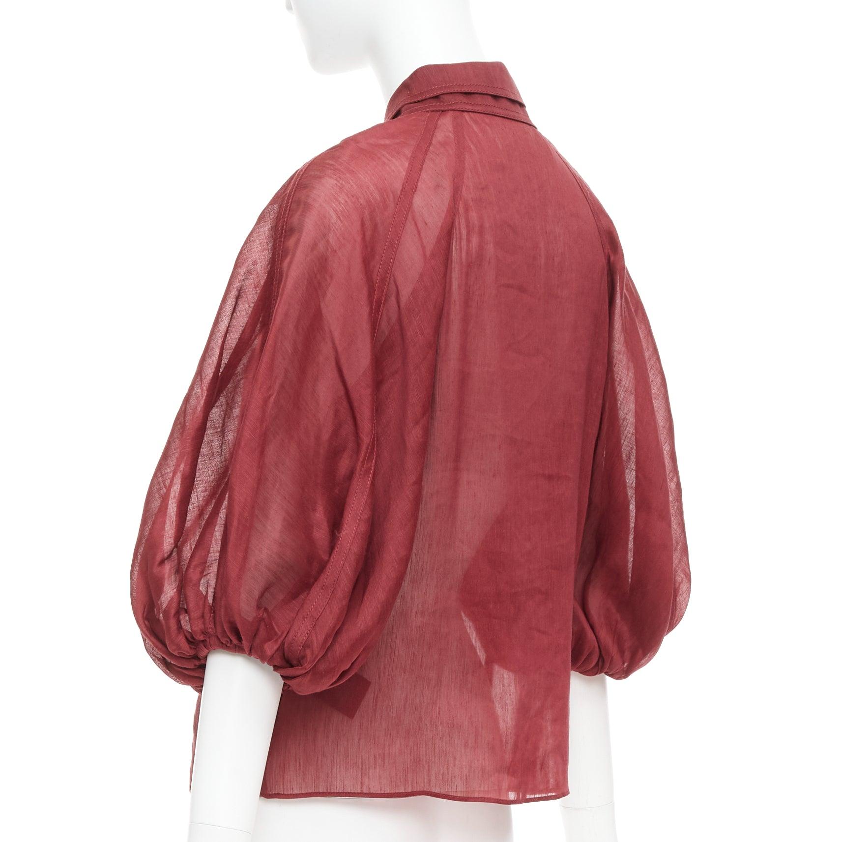 AJE Palms bordeaux seta lino manica a sbuffo raglan multi bottoni camicia UK6 XS in vendita 1