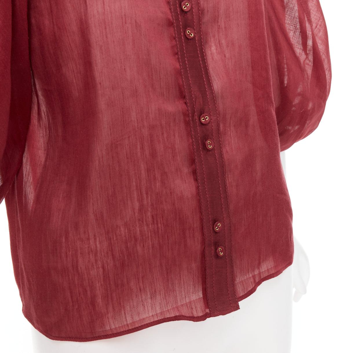 AJE Palms bordeaux seta lino manica a sbuffo raglan multi bottoni camicia UK6 XS in vendita 2