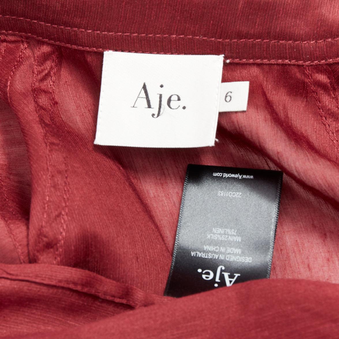 AJE Palms bordeaux seta lino manica a sbuffo raglan multi bottoni camicia UK6 XS in vendita 3