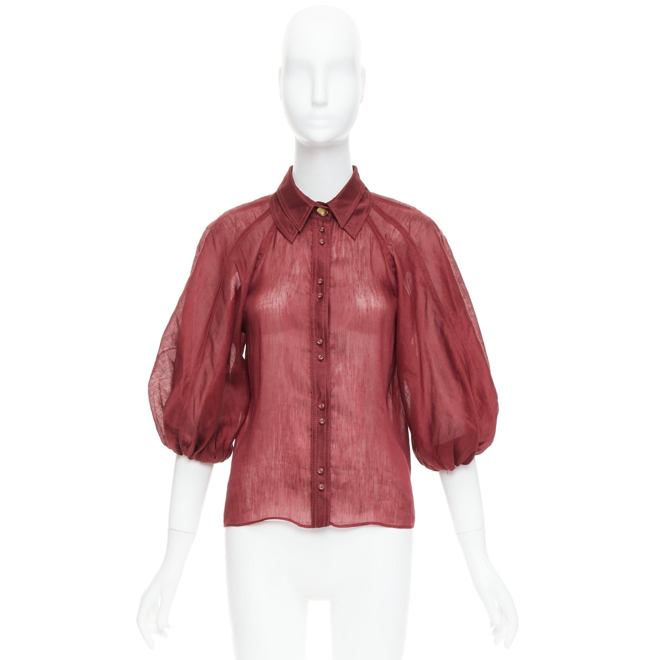 AJE Palms bordeaux seta lino manica a sbuffo raglan multi bottoni camicia UK6 XS in vendita 4