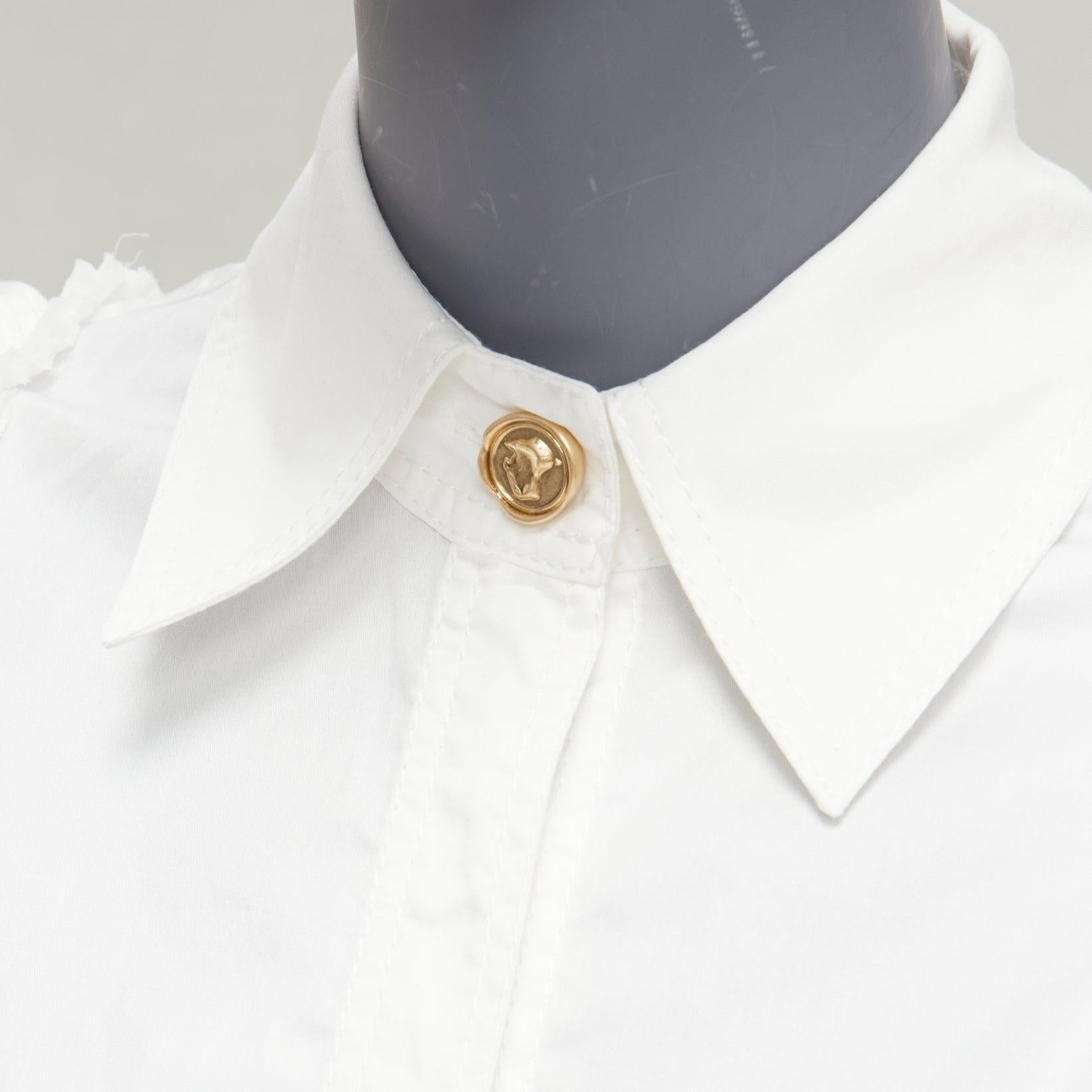 AJE white cotton puff shoulder gold button rounded hem shirt AU6 XS For Sale 2