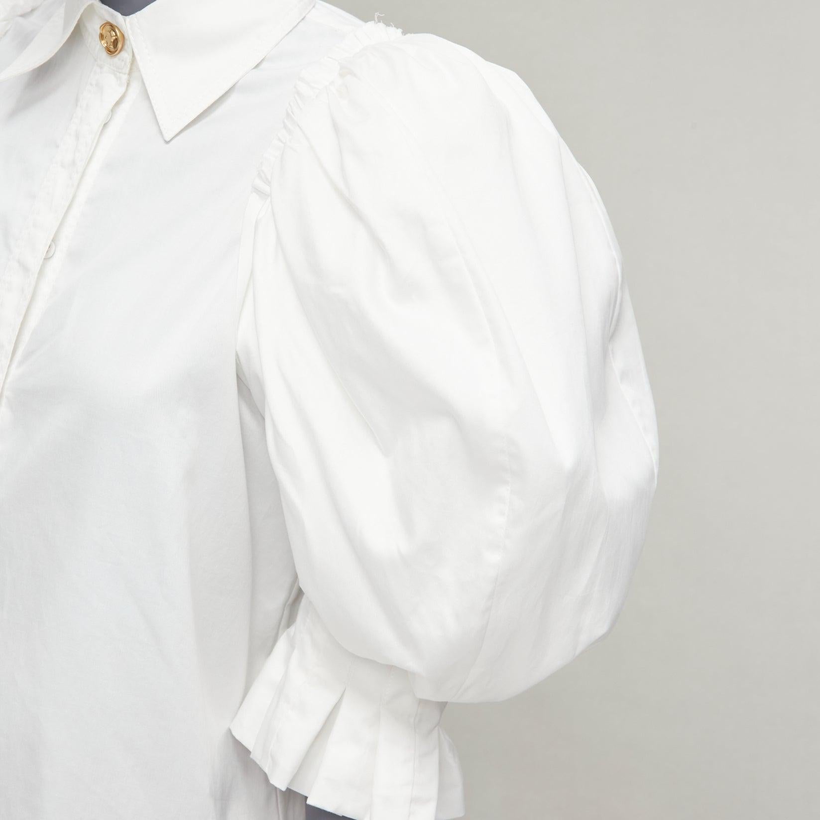 AJE white cotton puff shoulder gold button rounded hem shirt AU6 XS For Sale 3