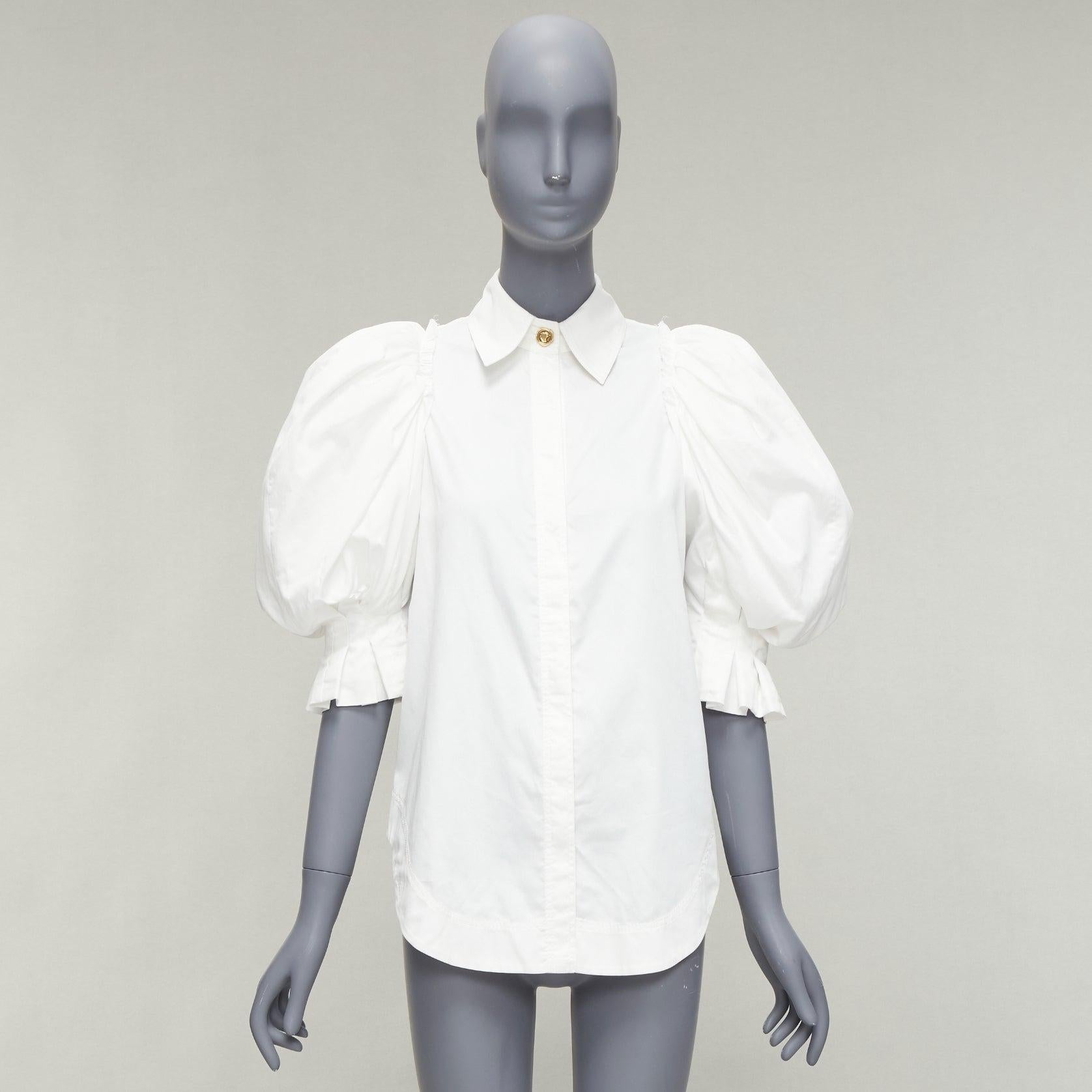AJE white cotton puff shoulder gold button rounded hem shirt AU6 XS For Sale 5