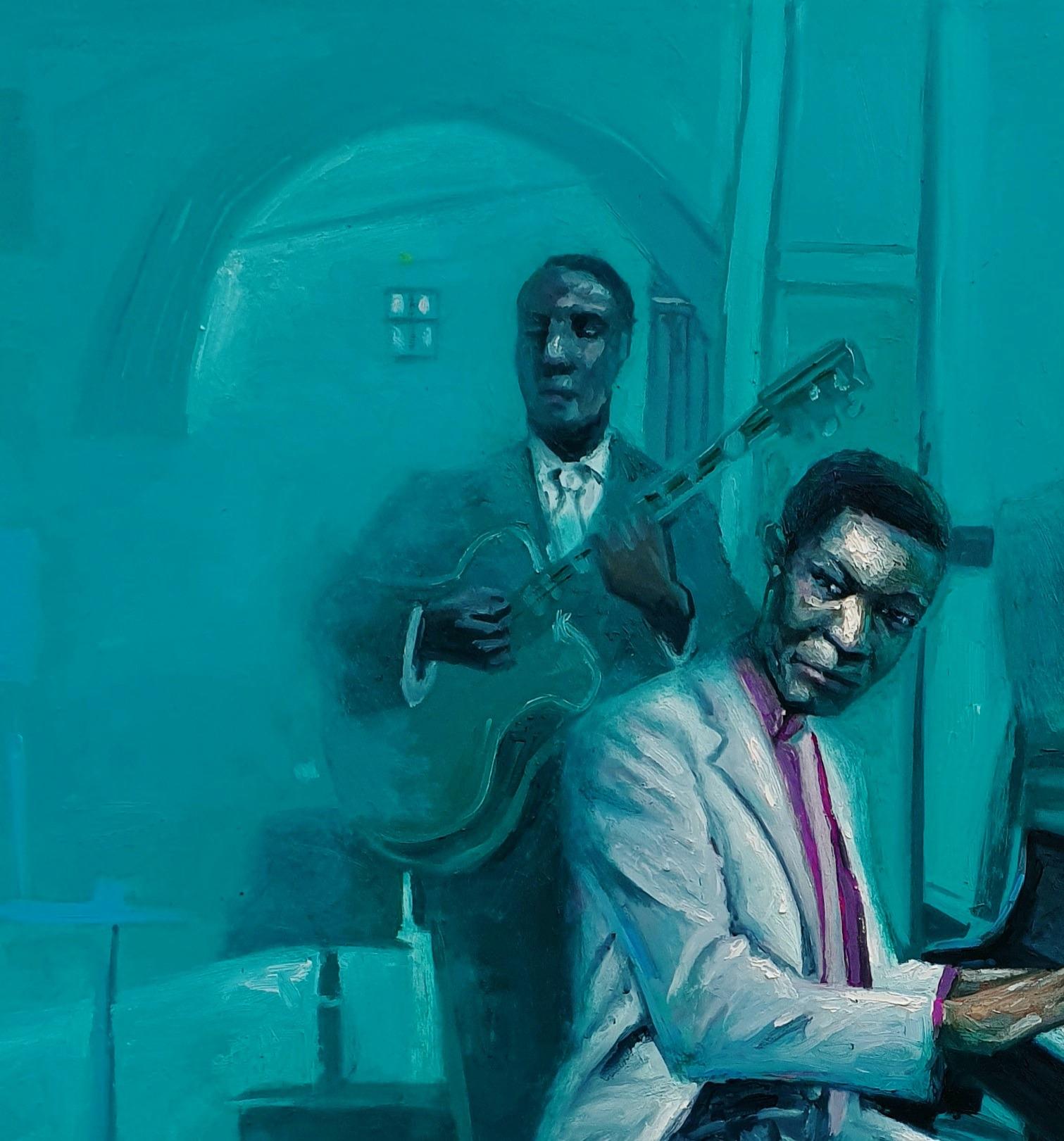 Banda - Siglo XXI Contemporáneo, Retrato Figurativo, Azul, Hombres, Musical, Piano - Painting de Ajegbomogun Damilola
