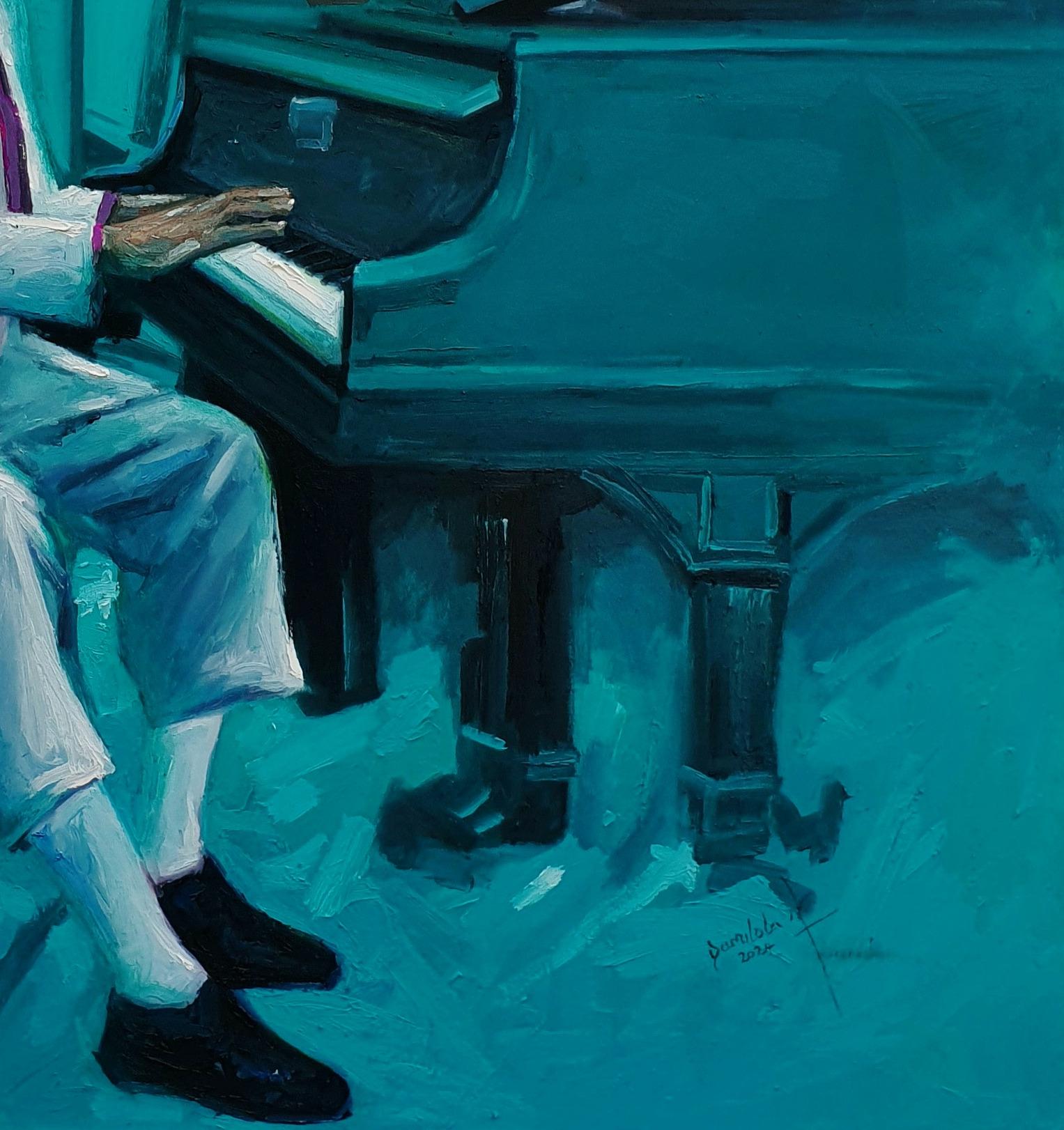 Banda - Siglo XXI Contemporáneo, Retrato Figurativo, Azul, Hombres, Musical, Piano en venta 2