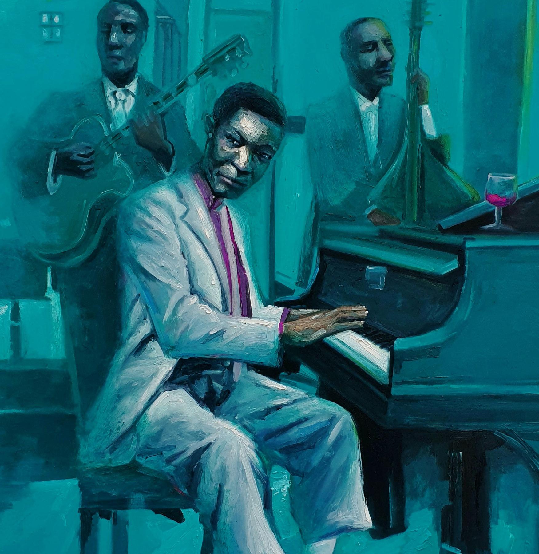 Banda - Siglo XXI Contemporáneo, Retrato Figurativo, Azul, Hombres, Musical, Piano en venta 3