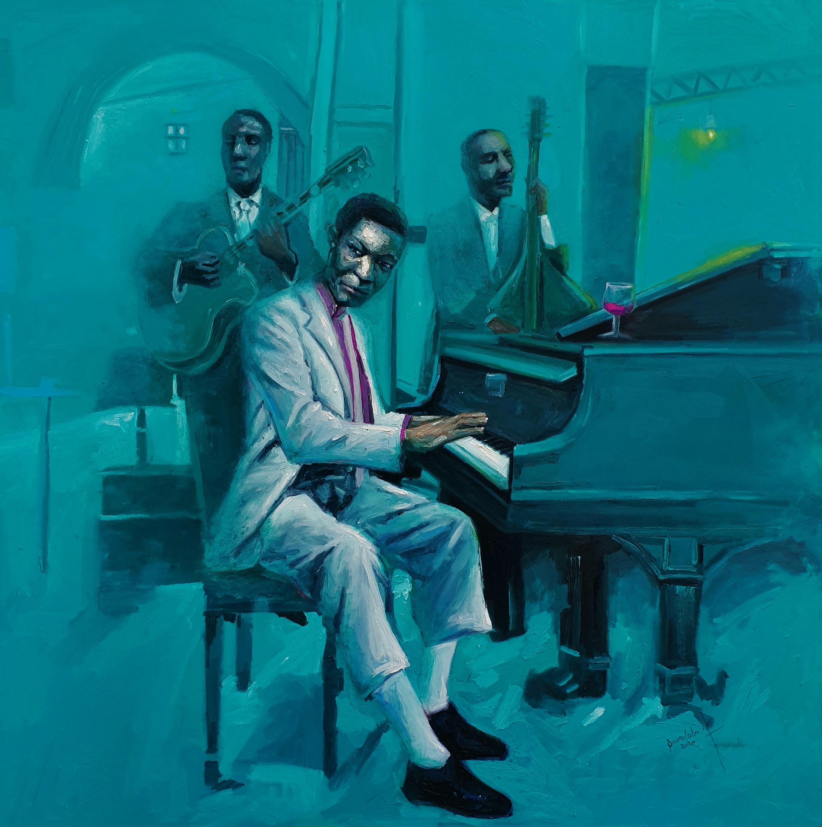 Portrait Painting de Ajegbomogun Damilola - Banda - Siglo XXI Contemporáneo, Retrato Figurativo, Azul, Hombres, Musical, Piano
