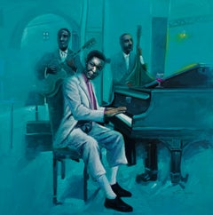 Banda - Siglo XXI Contemporáneo, Retrato Figurativo, Azul, Hombres, Musical, Piano