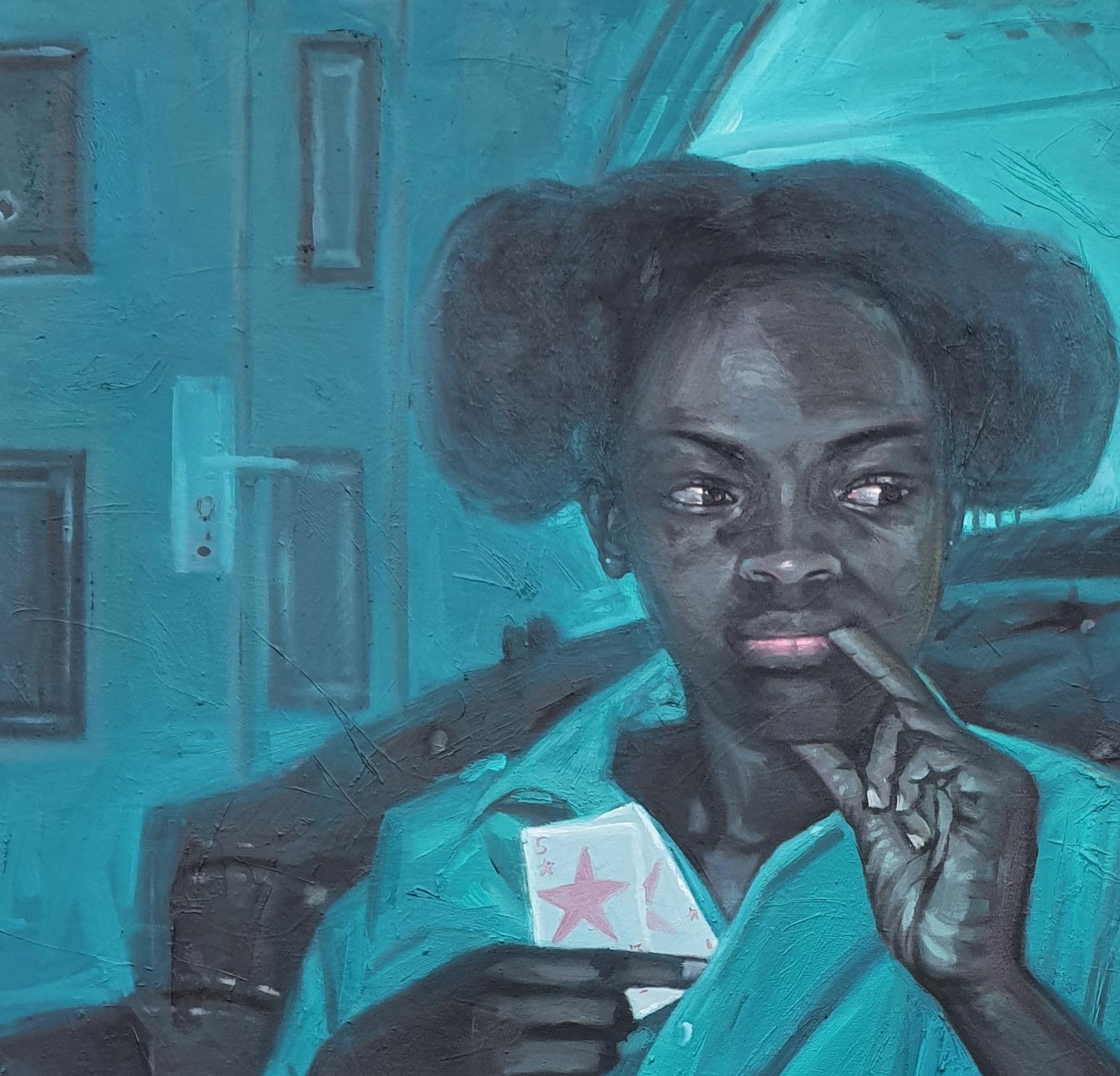 Giocatore storto - Ritratto figurativo del 21° secolo, Contemporaneo, Blu, Carta, Olio - Painting di Ajegbomogun Damilola