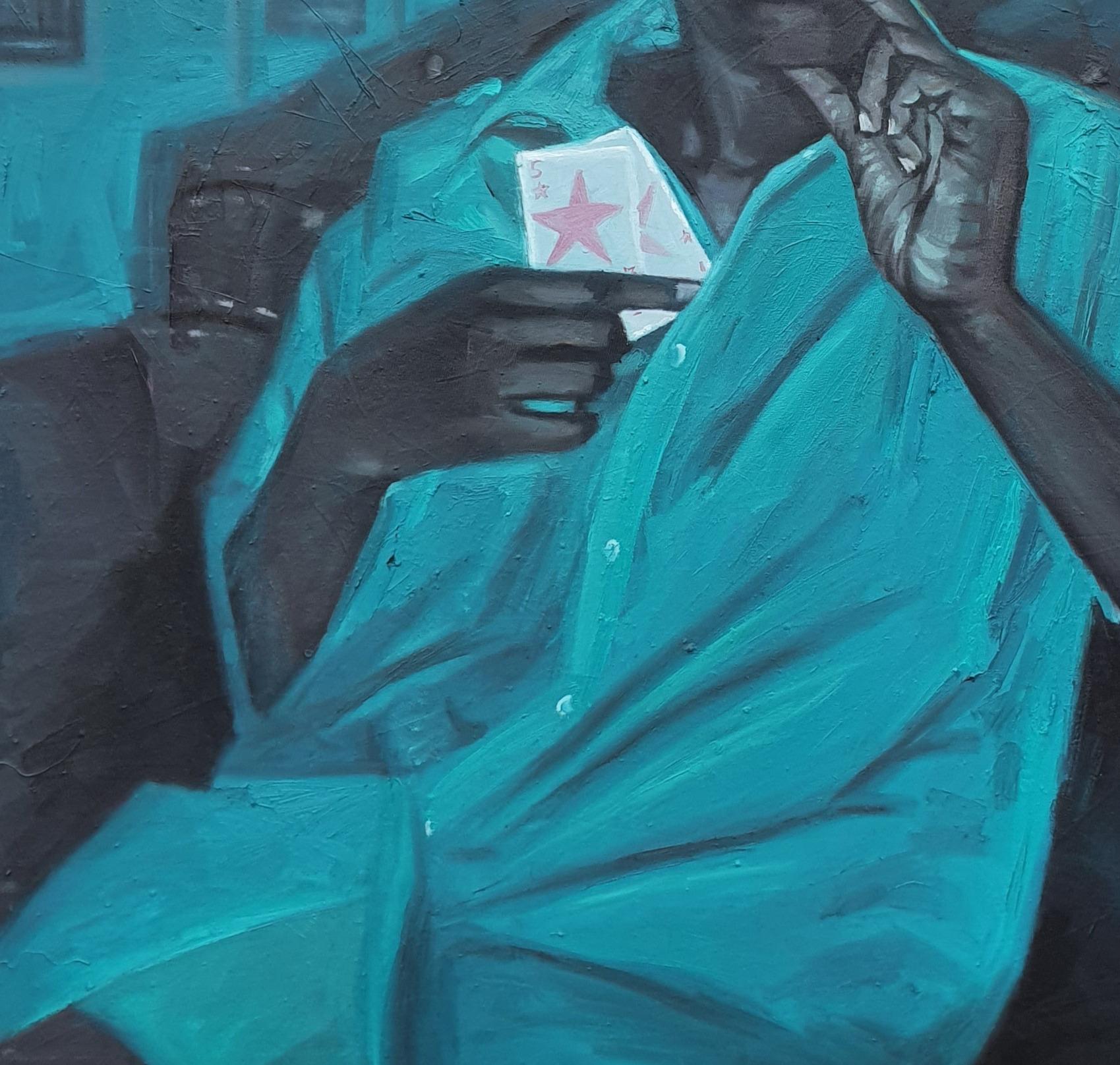 Giocatore storto - Ritratto figurativo del 21° secolo, Contemporaneo, Blu, Carta, Olio in vendita 1