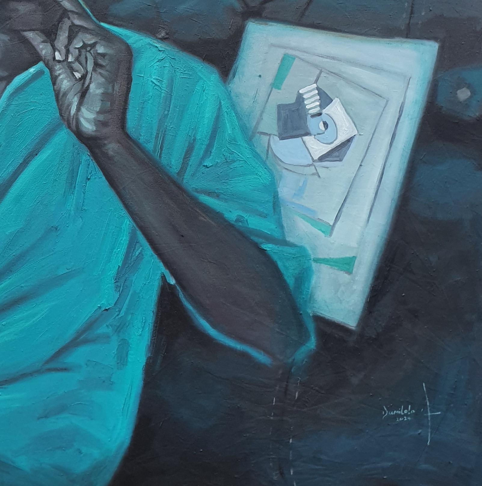 Giocatore storto - Ritratto figurativo del 21° secolo, Contemporaneo, Blu, Carta, Olio in vendita 2