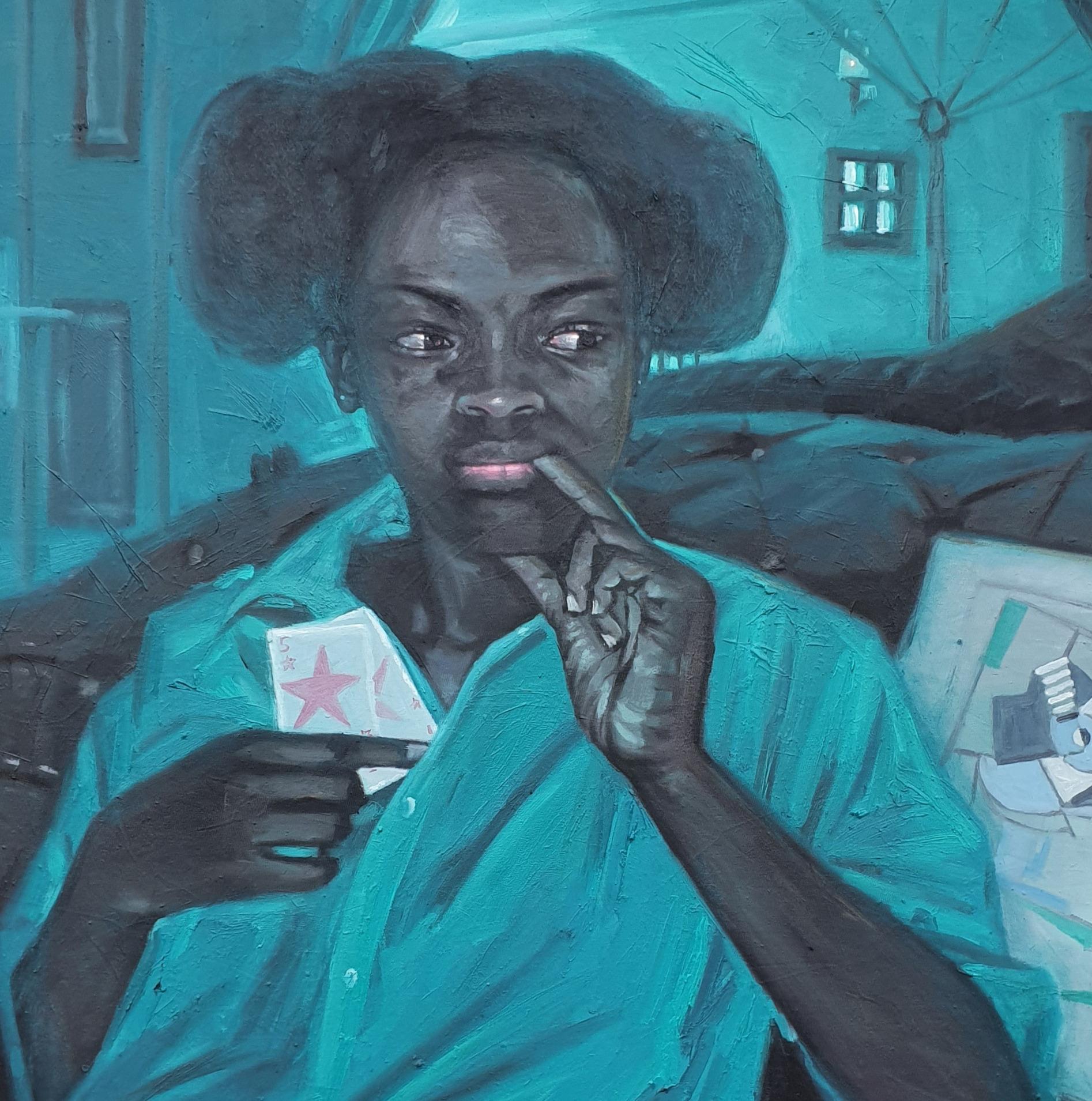 Giocatore storto - Ritratto figurativo del 21° secolo, Contemporaneo, Blu, Carta, Olio in vendita 3