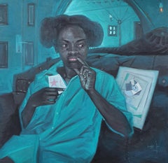 Jugador Torcido - Siglo XXI Contemporáneo, Retrato Figurativo, Azul, Carta, Óleo