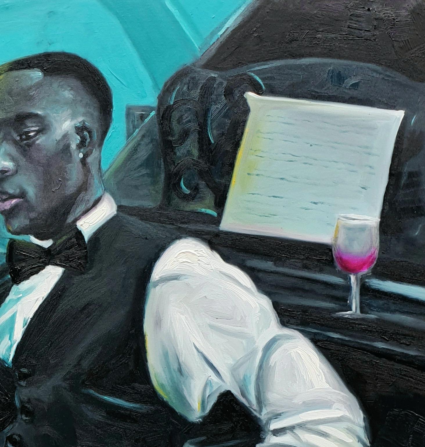 Sueños (Pianista) - Siglo XXI, Contemporáneo, Figurativo, Personas, Azul, Musical - Portrait Painting Negro de Ajegbomogun Damilola