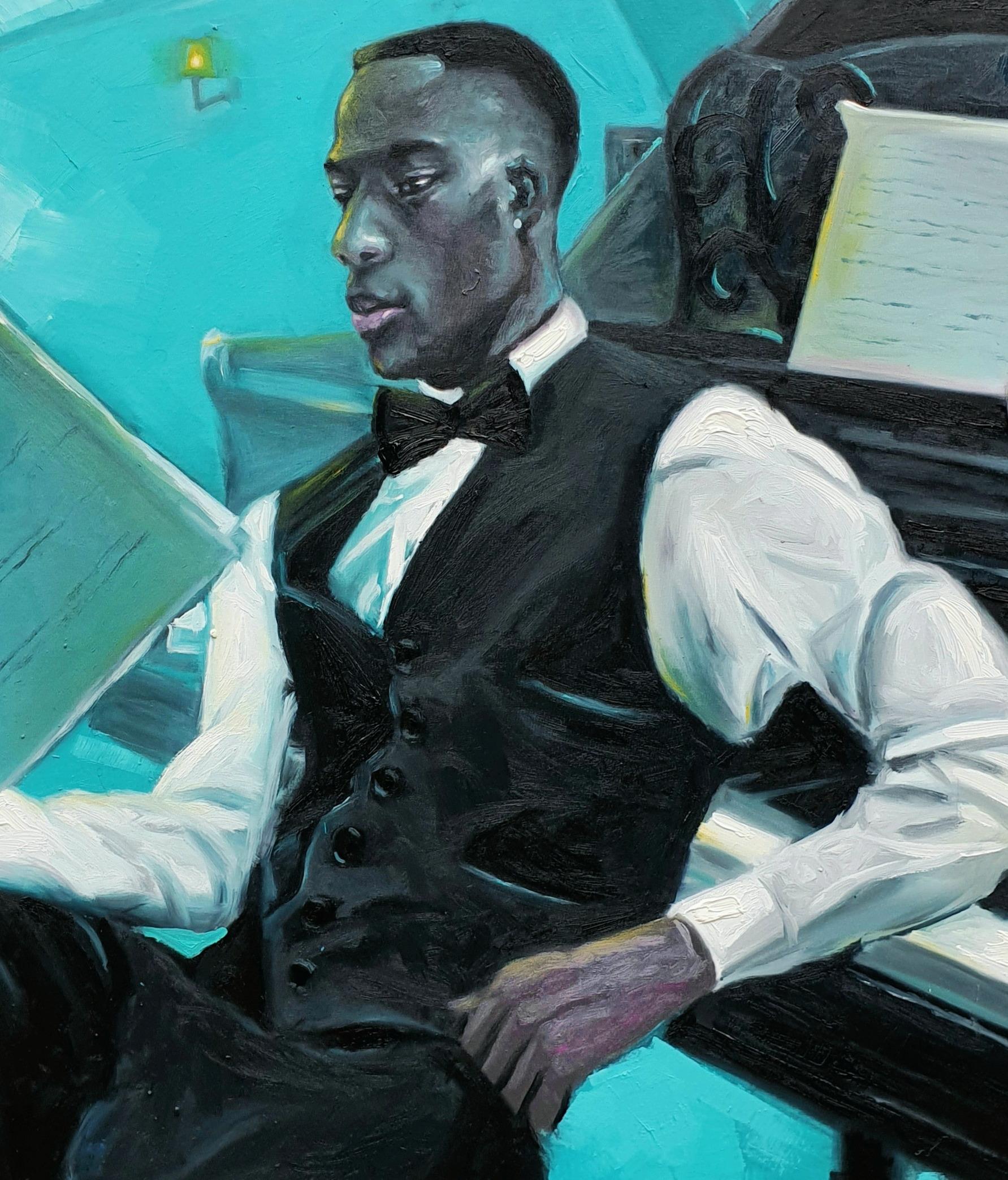 Sueños (Pianista) - Siglo XXI, Contemporáneo, Figurativo, Personas, Azul, Musical en venta 2