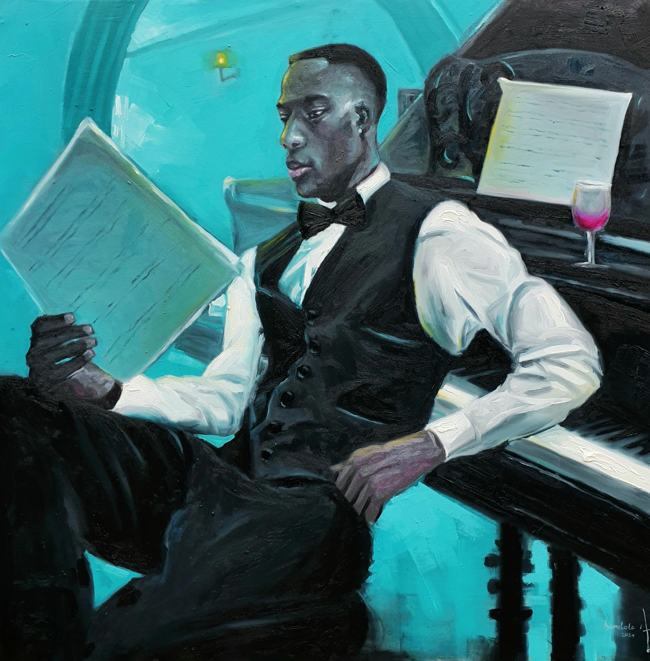 Portrait Painting de Ajegbomogun Damilola - Sueños (Pianista) - Siglo XXI, Contemporáneo, Figurativo, Personas, Azul, Musical