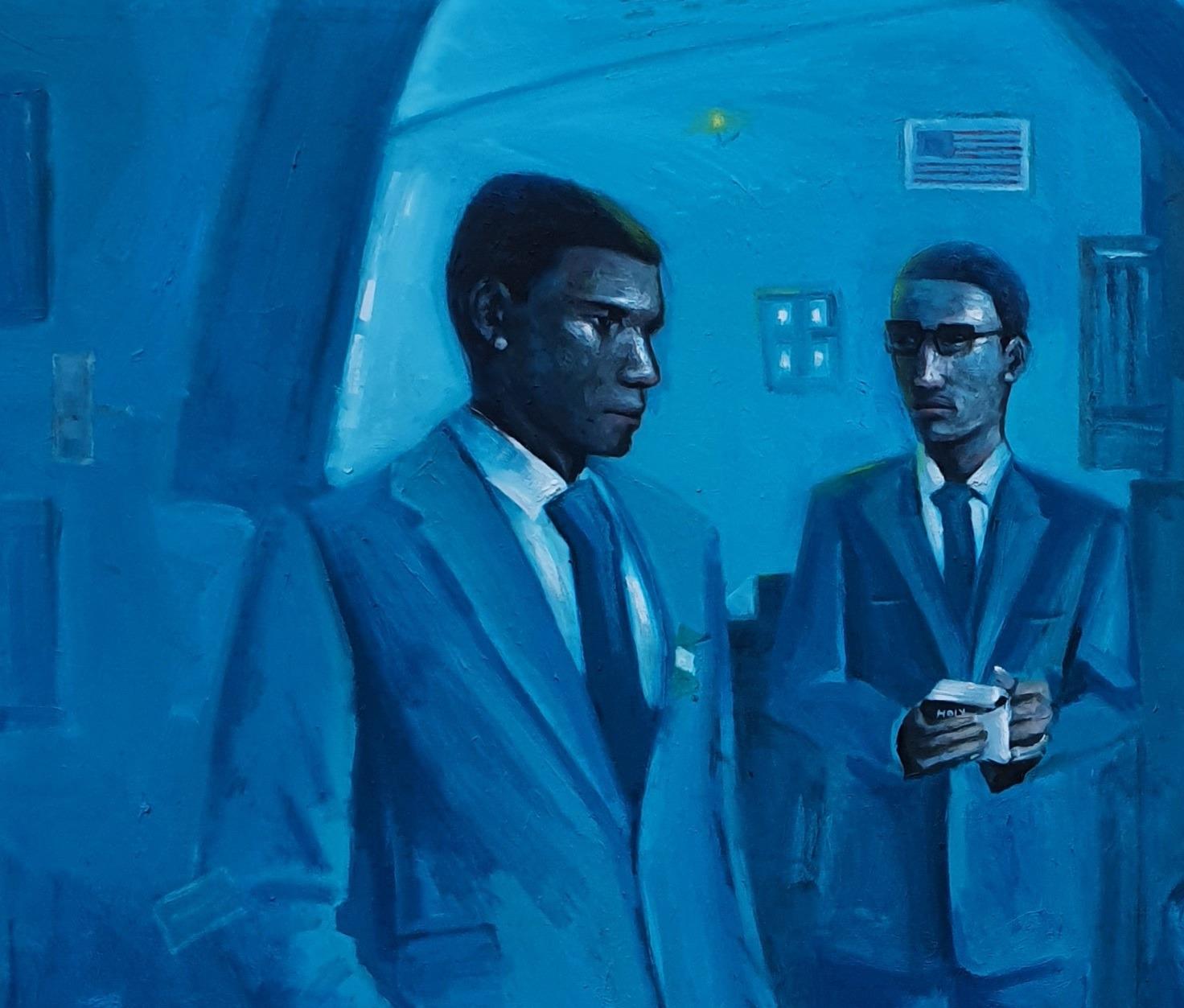 Ferito (Gli uomini stoici) - 21° secolo, Contemporaneo, Figurativo, Persone, Blu - Painting di Ajegbomogun Damilola