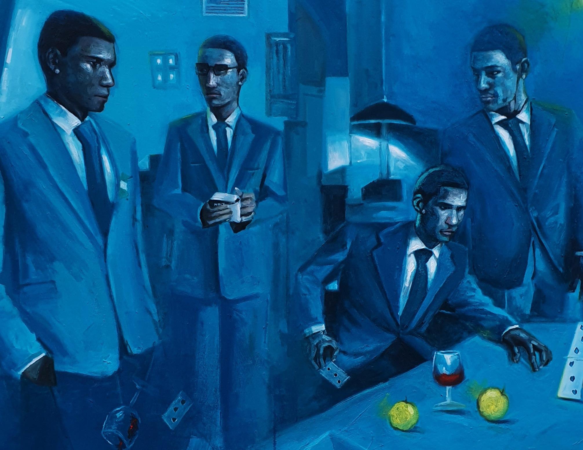 Ferito (Gli uomini stoici) - 21° secolo, Contemporaneo, Figurativo, Persone, Blu in vendita 3