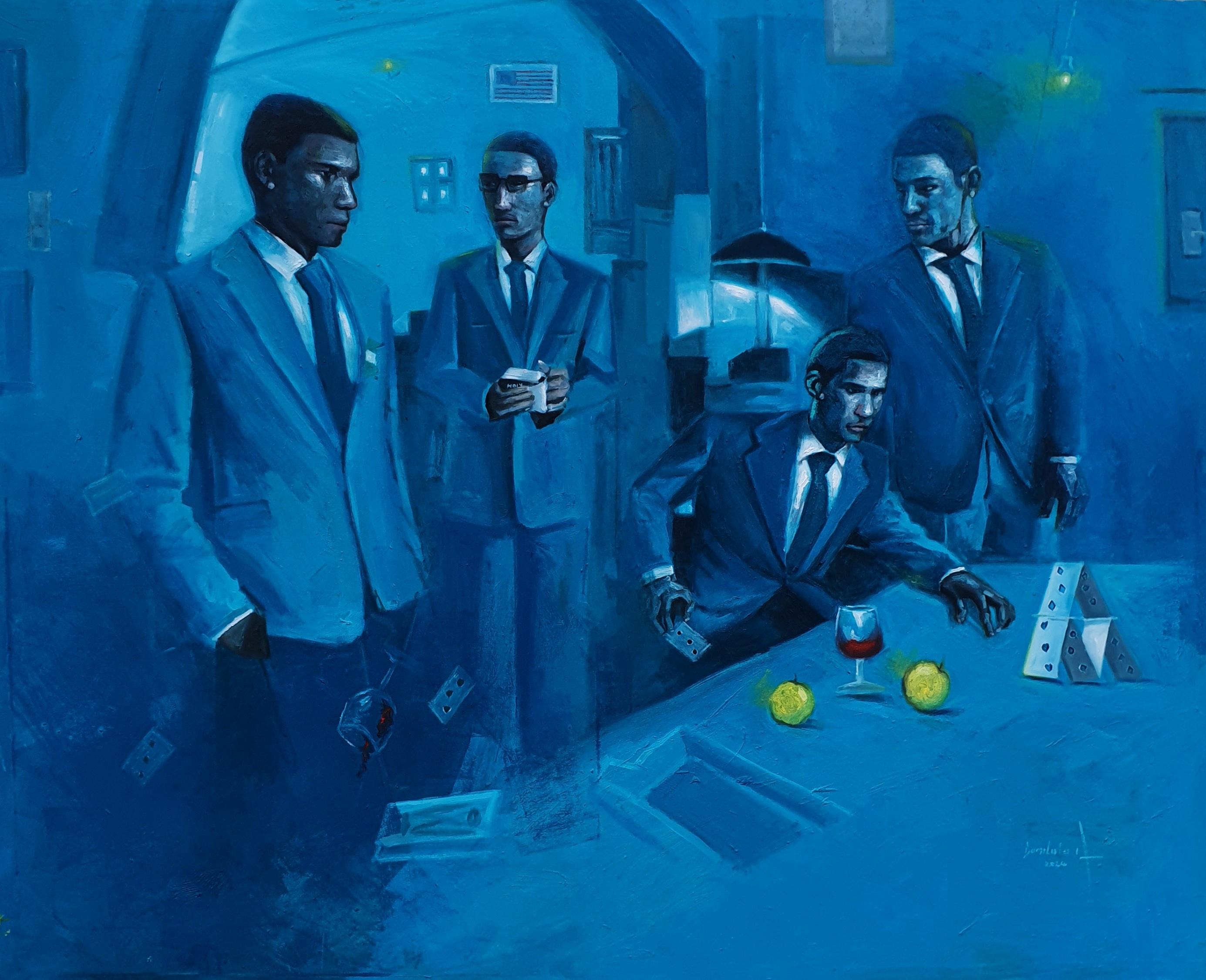 Portrait Painting di Ajegbomogun Damilola - Ferito (Gli uomini stoici) - 21° secolo, Contemporaneo, Figurativo, Persone, Blu