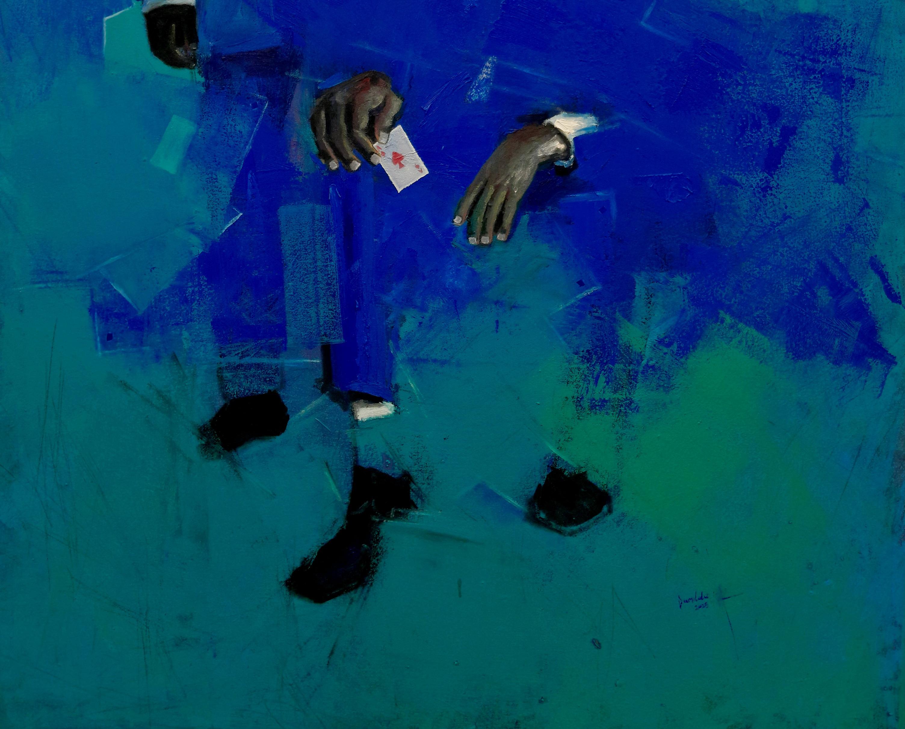 Lead (Three of Heart) - 21st Century, Contemporary, Figurative, Portrait, Modern - Blue Portrait Painting by Ajegbomogun Damilola