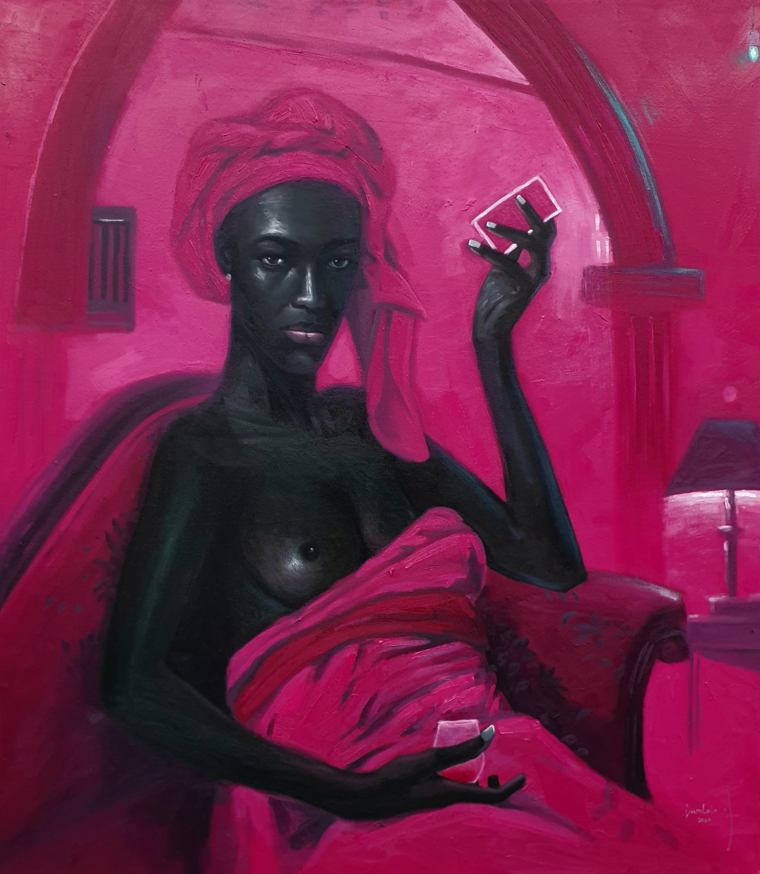 Portrait Painting de Ajegbomogun Damilola - Monopoly Girl 2 -Siglo XXI, Contemporáneo, Figurativo, Óleo, Desnudo, Moderno, Rosa