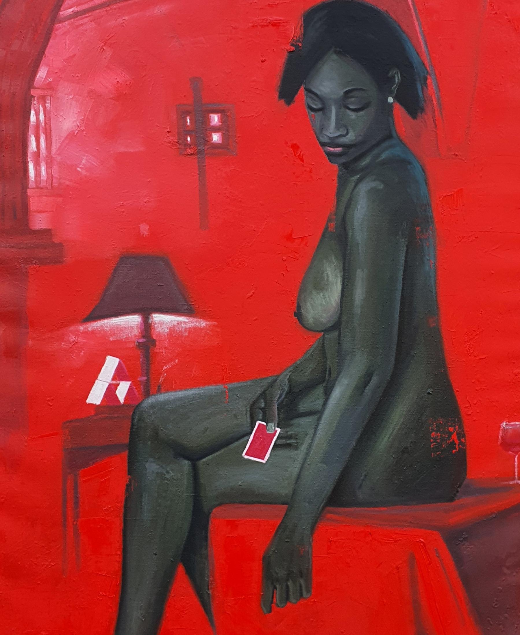 Monopoly Girl -21st Century, Contemporary, Figurative, Oil, Nude, Modern, Red For Sale 1