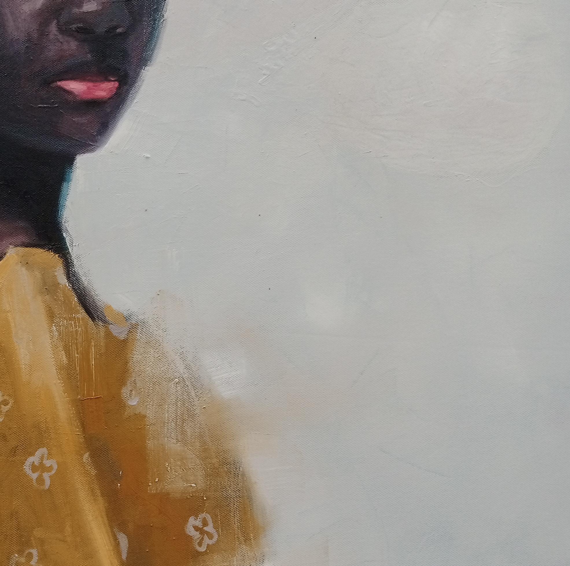Solace ll is an intricating 21st century painting Here Damilola Ajegbomogun attempts to broaden the discourse on the concept of beauty. It raises the question of what is wrong with body type, and why is it that to speak about beauty is to conclude
