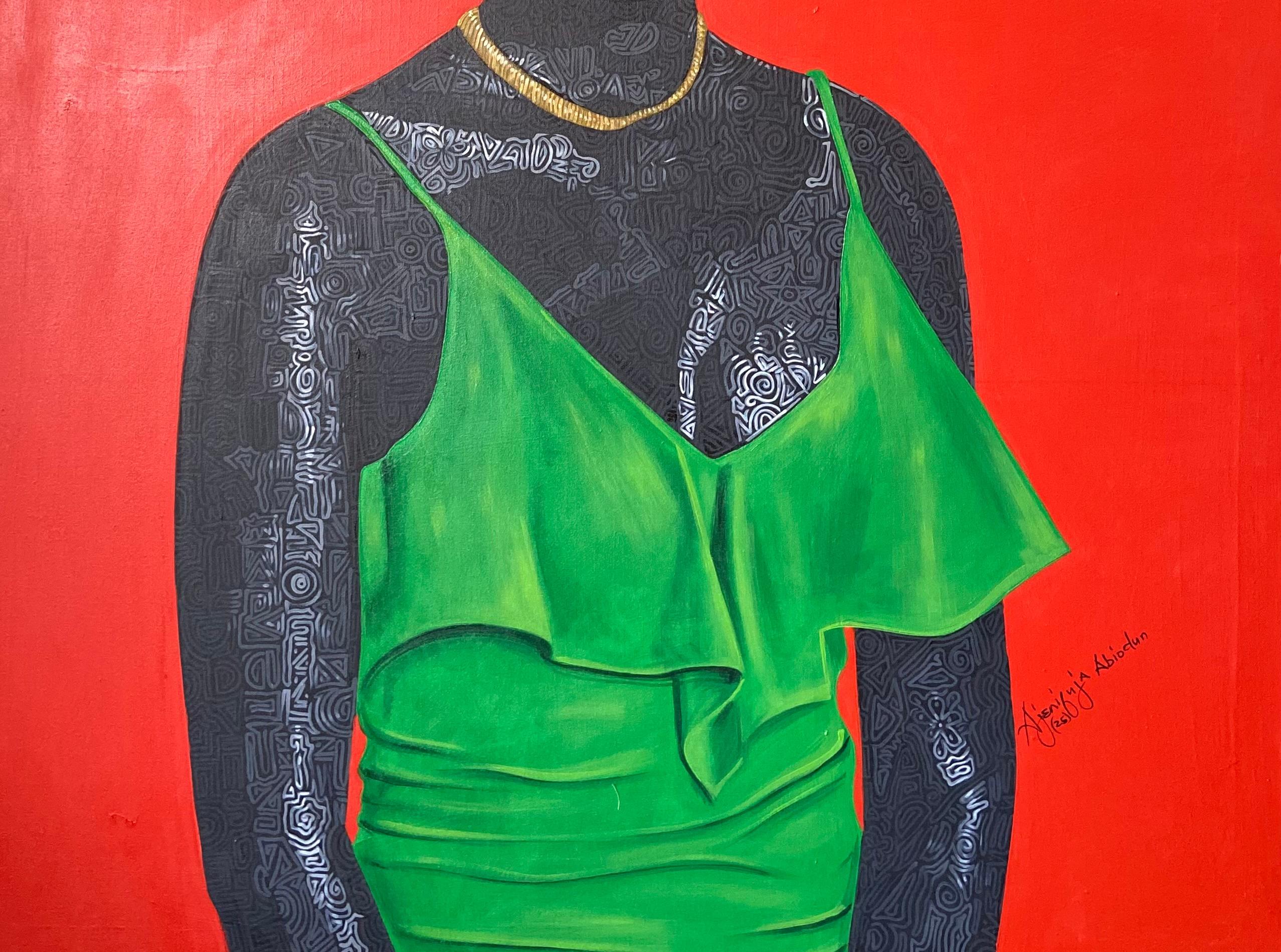 On A Date -21. Jahrhundert, Zeitgenössisch, Figurative Moderne Liebe, Afrika Frau Haar (Rot), Figurative Painting, von Ajenifuja Abiodun