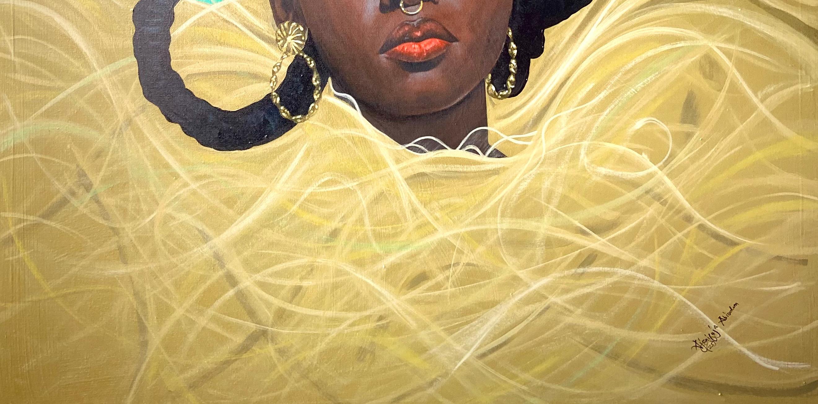 Self Adorable -21. Jahrhundert, Zeitgenössisch, Figurative Mode, Afrika Frau Haar (Beige), Figurative Painting, von Ajenifuja Abiodun