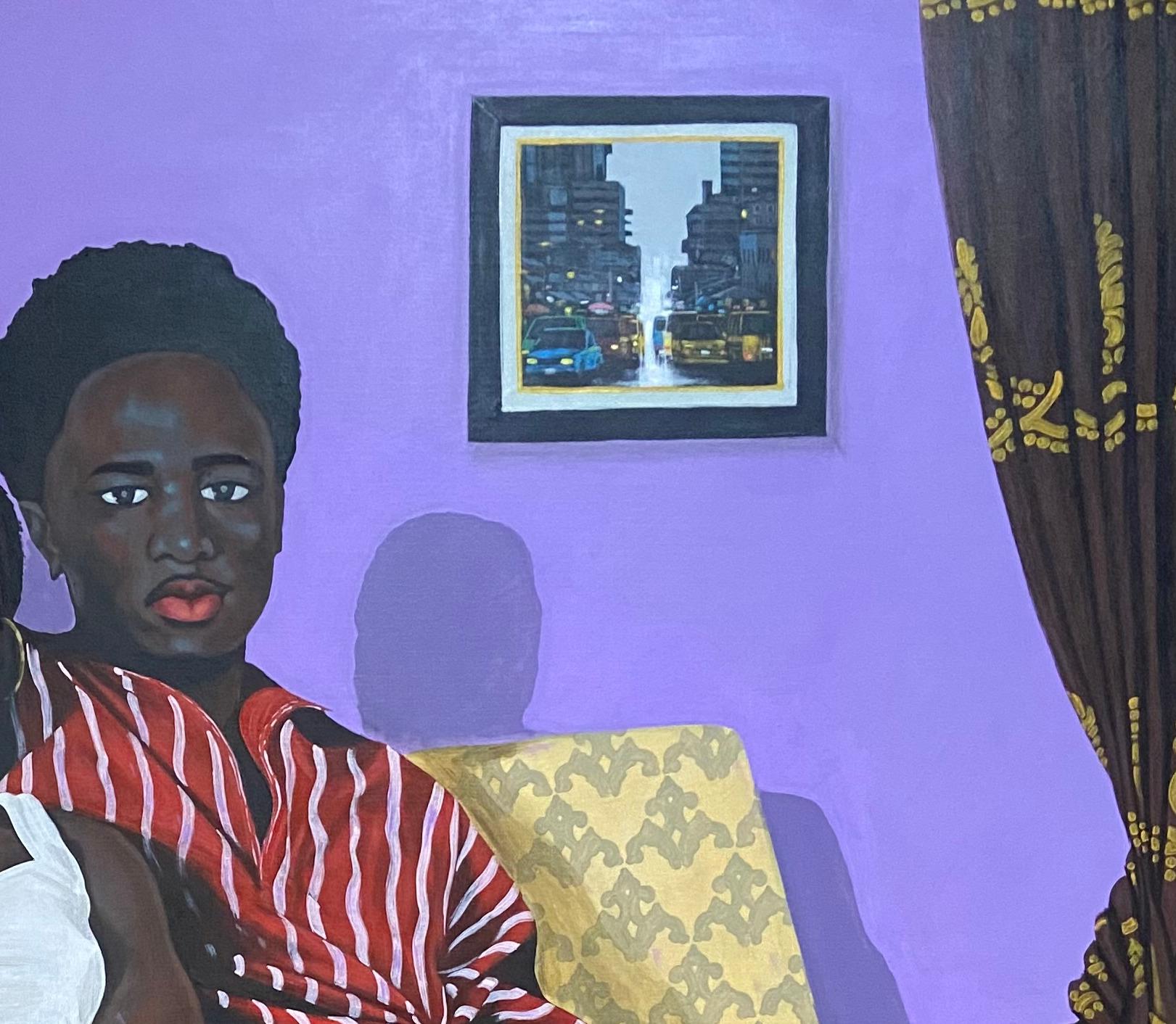 Le Tolérant - 21ème siècle, Contemporain, Figuratif, Moderne, Chien, Couple, Chat - Violet Portrait Painting par Ajenifuja Abiodun