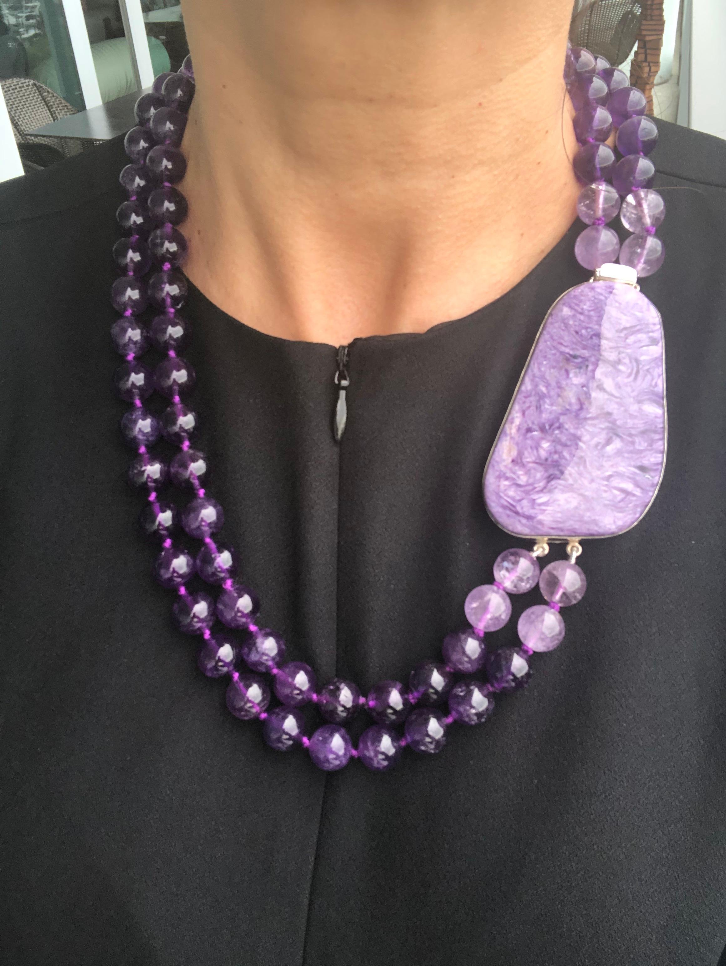 Bead A.Jeschel 2 Strand Amethyst Necklace with a Spectacular Charoite Clasp. For Sale