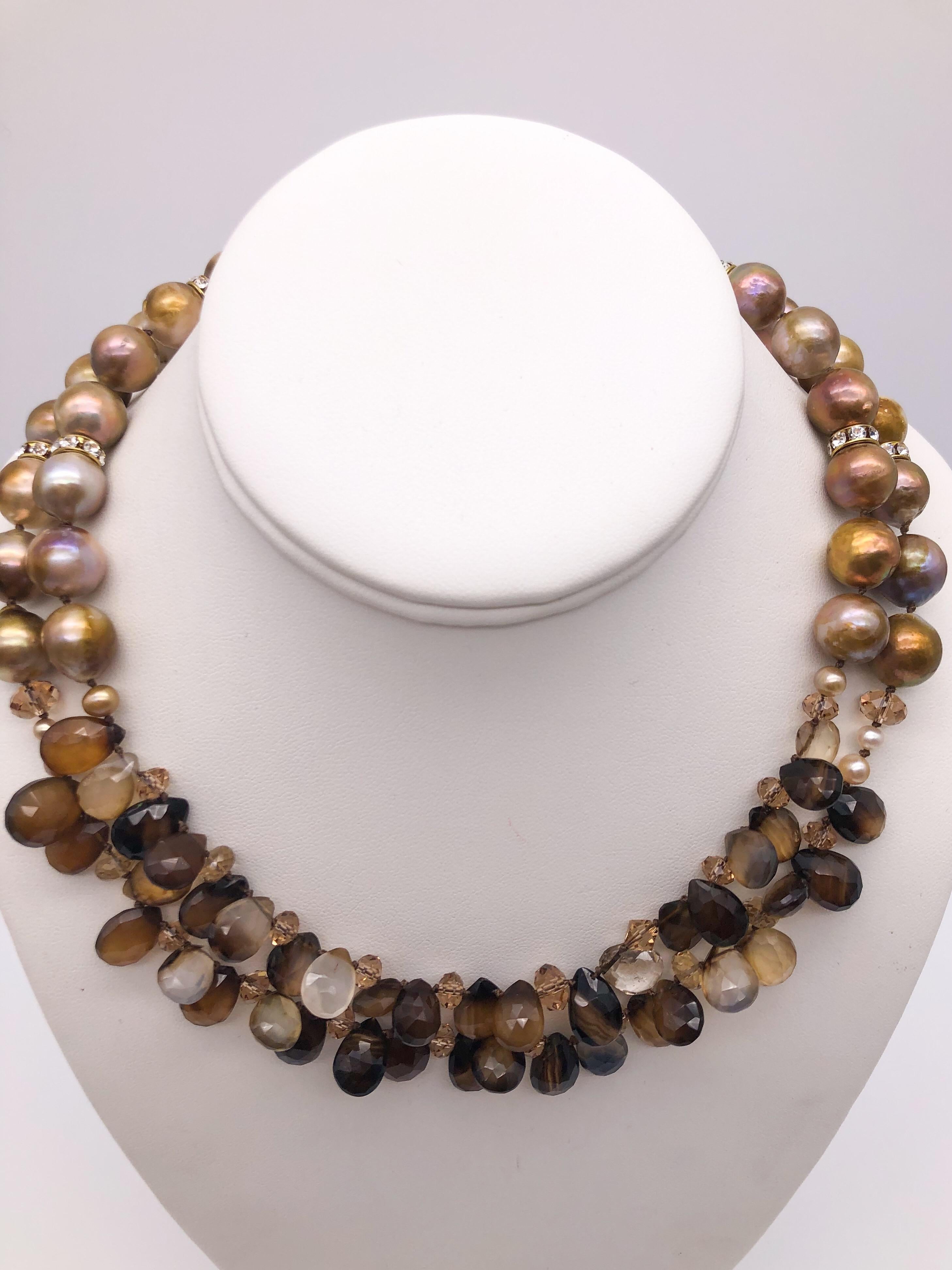 Contemporary A.Jeschel 2 Strand faceted Sardonyx and natural gold pearl necklace. For Sale