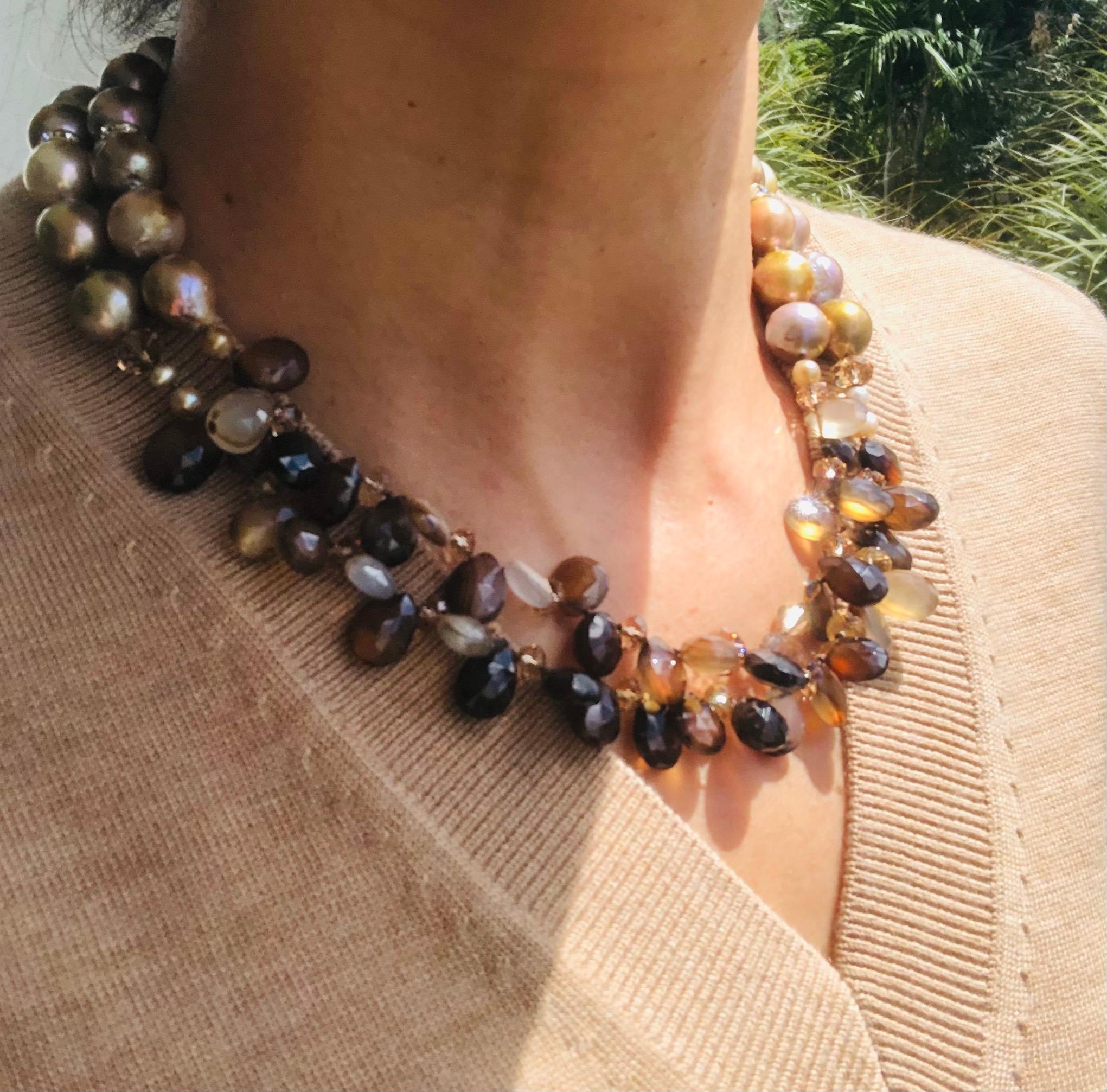 Mixed Cut A.Jeschel 2 Strand faceted Sardonyx and natural gold pearl necklace. For Sale