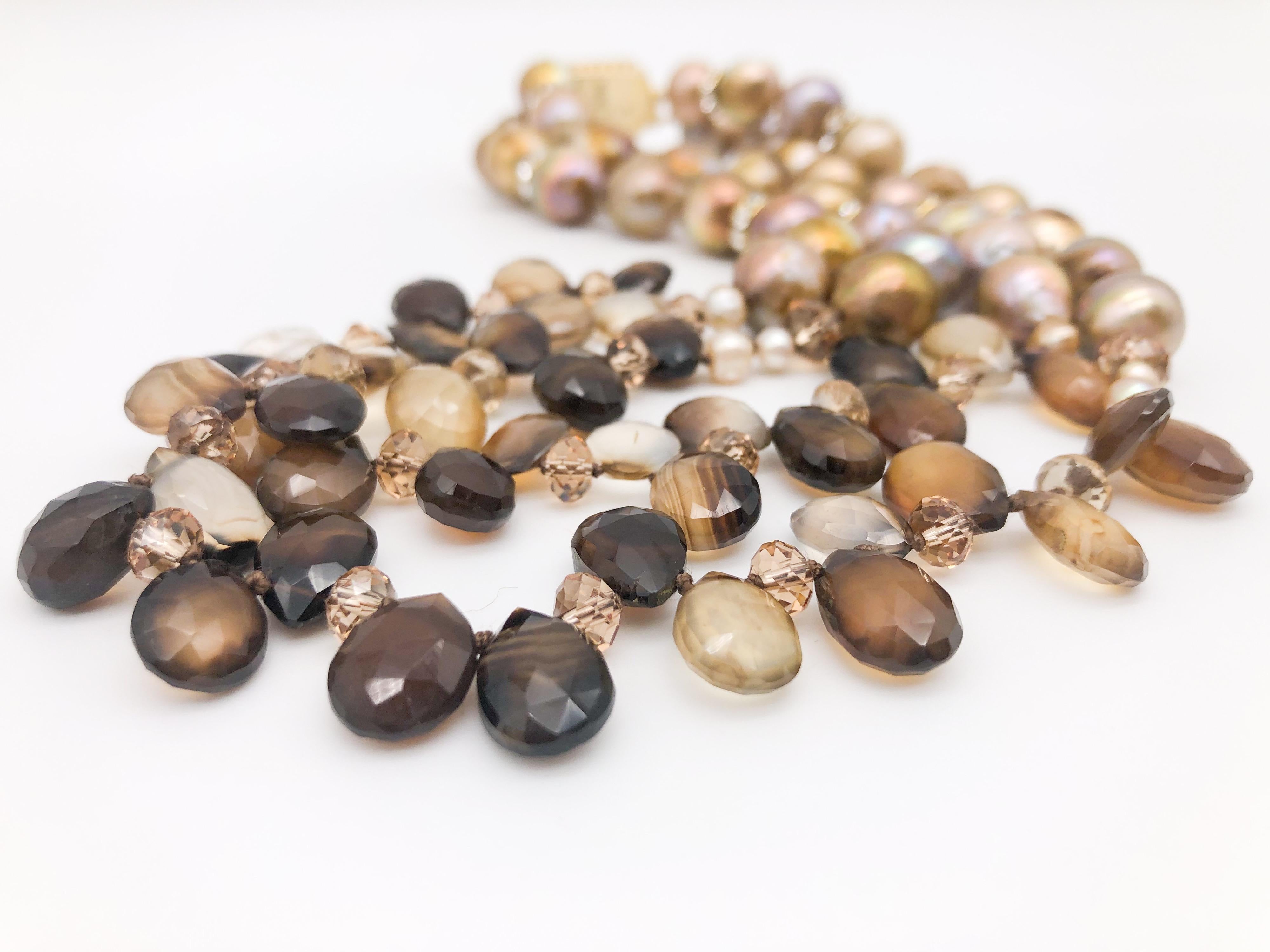 A.Jeschel 2 Strand faceted Sardonyx and natural gold pearl necklace. In New Condition For Sale In Miami, FL