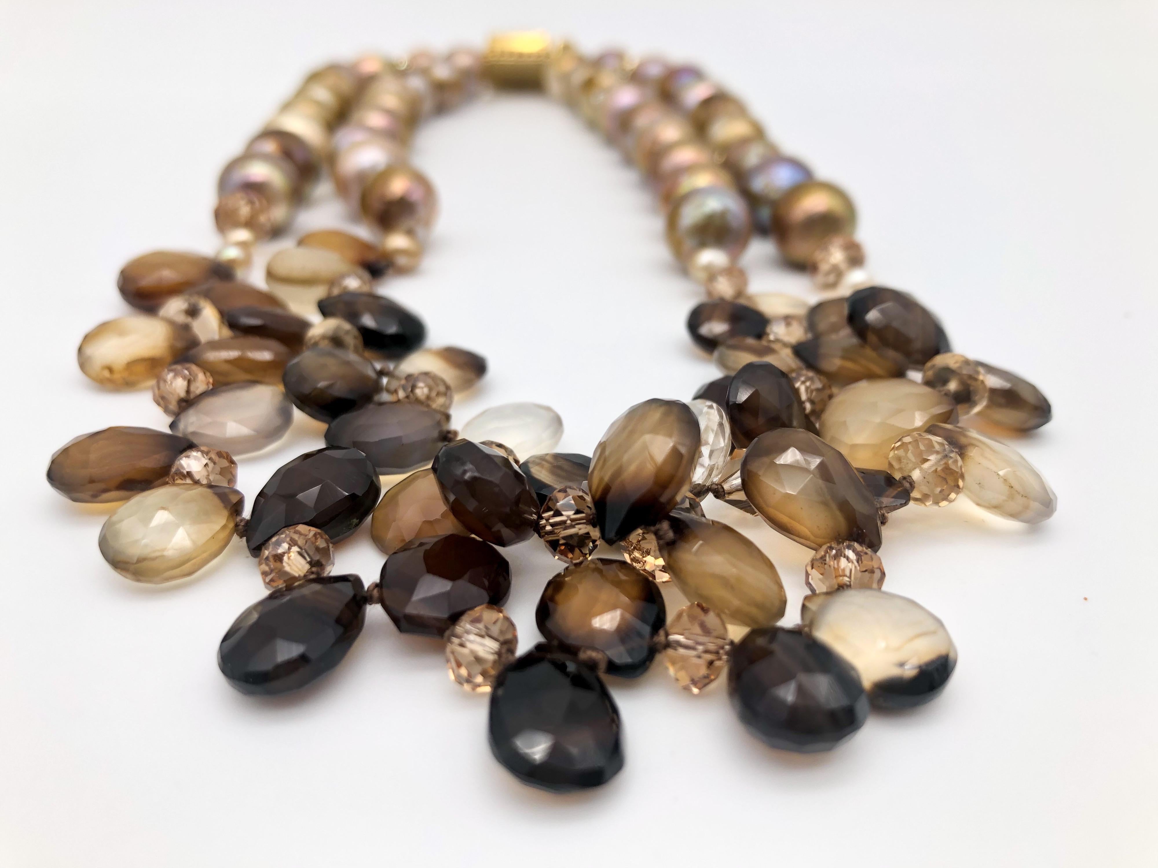 A.Jeschel 2 Strand faceted Sardonyx and natural gold pearl necklace. For Sale 1