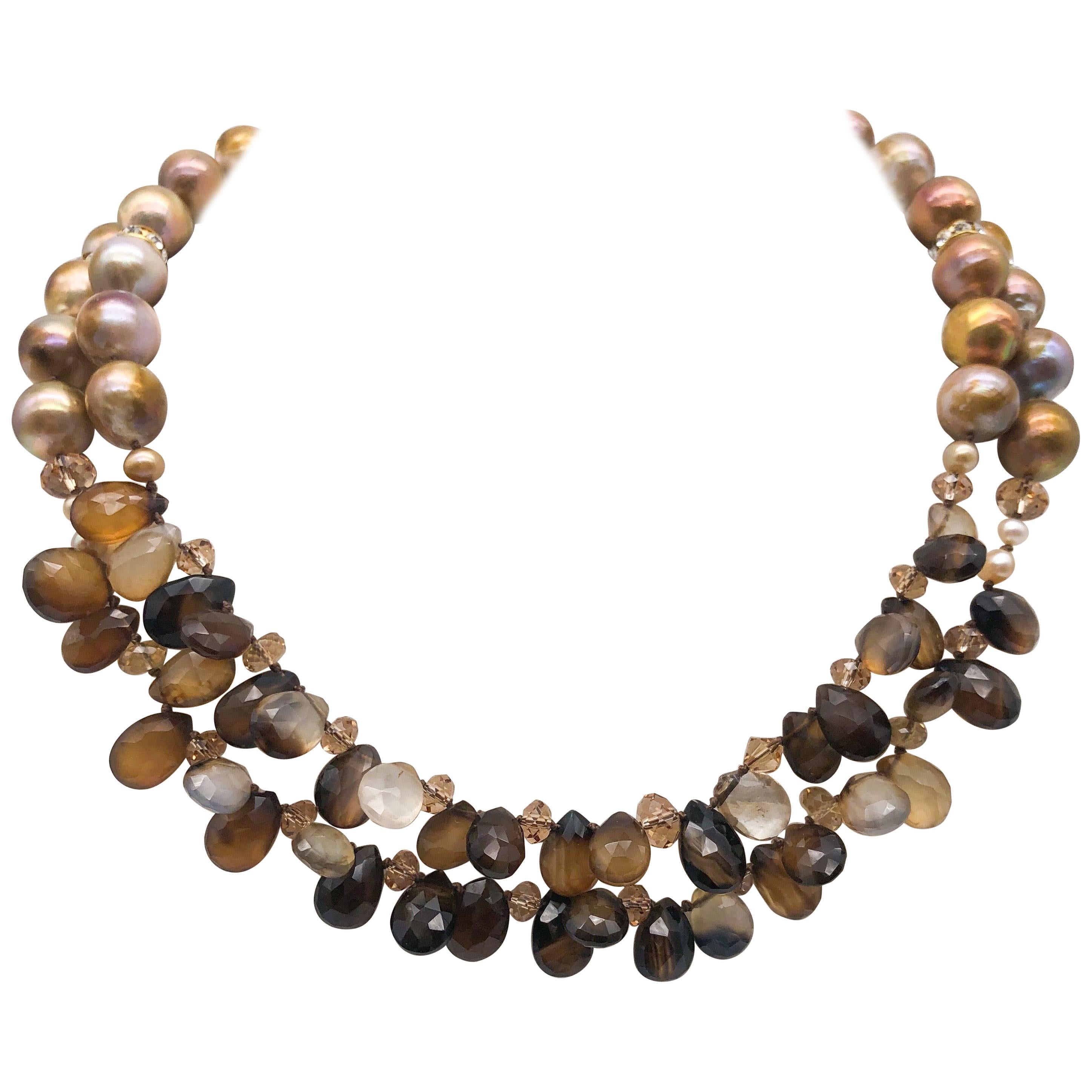 A.Jeschel 2 Strand faceted Sardonyx and natural gold pearl necklace. For Sale