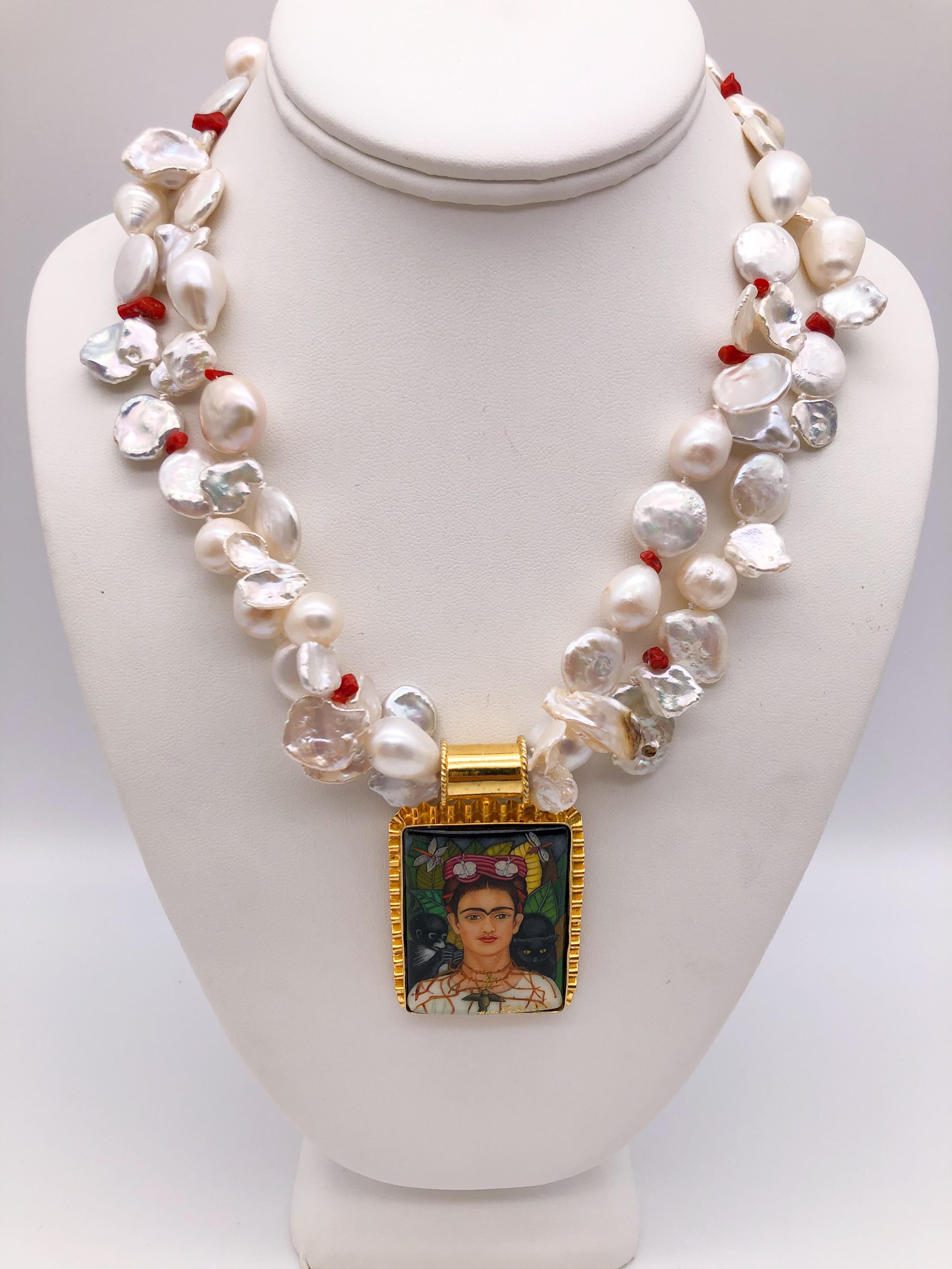 A.Jeschel 2 strand pearl necklace surrounds Russian hand-painted pendant. 5