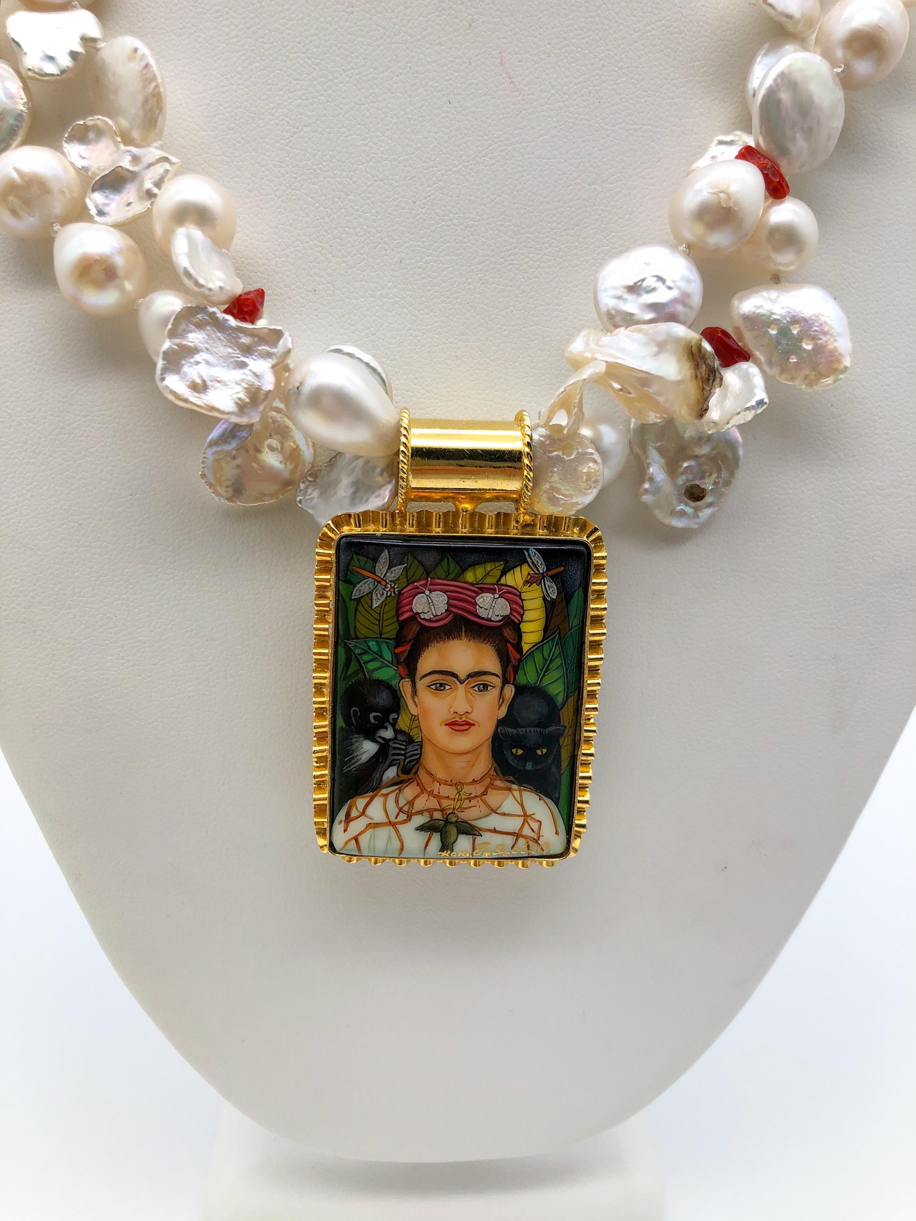 Contemporary A.Jeschel 2 strand pearl necklace surrounds Russian hand-painted pendant.
