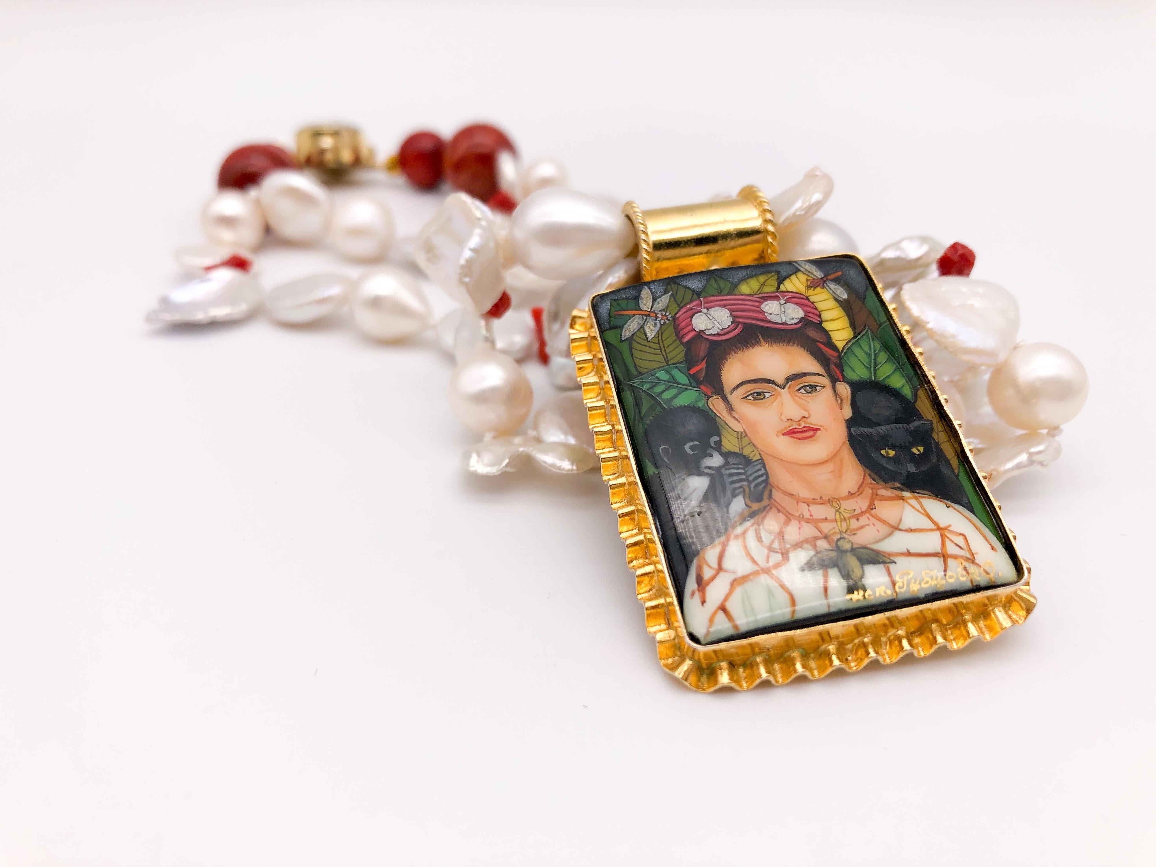 A.Jeschel 2 strand pearl necklace surrounds Russian hand-painted pendant. 2