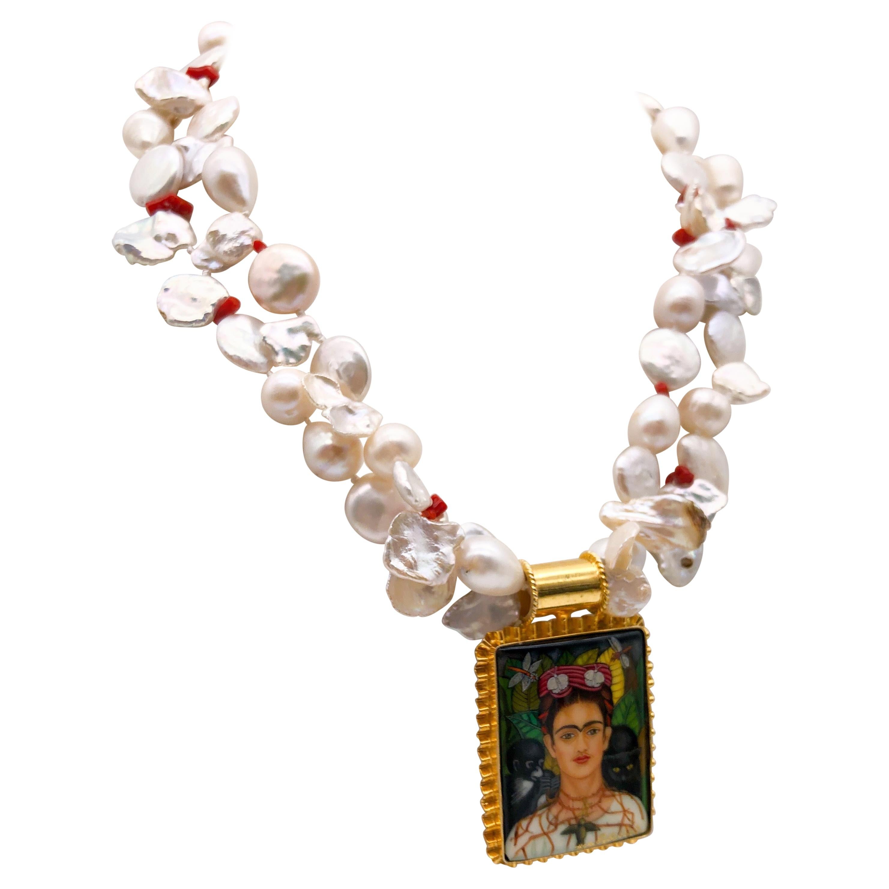 A.Jeschel 2 strand pearl necklace surrounds Russian hand-painted pendant.