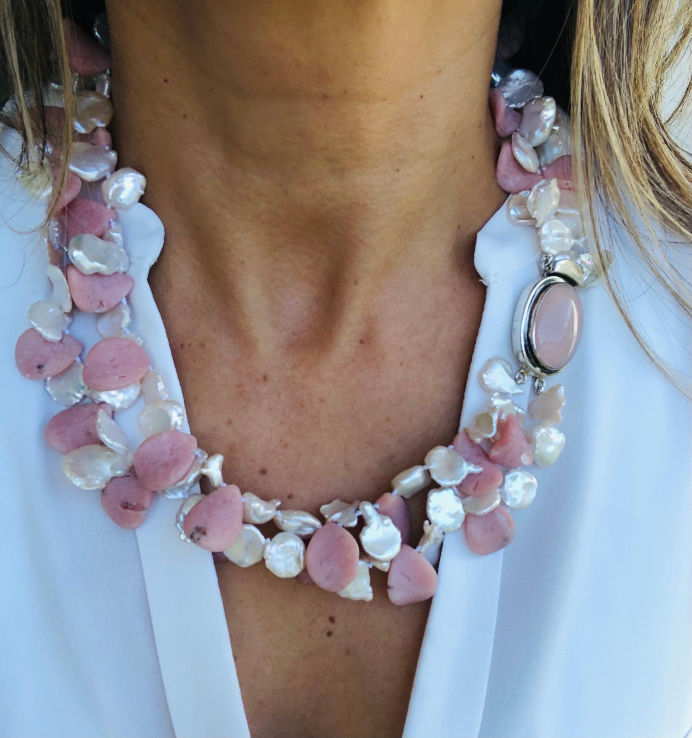 Contemporary A.Jeschel 2 strand Pink Opal and Pearl necklace. For Sale