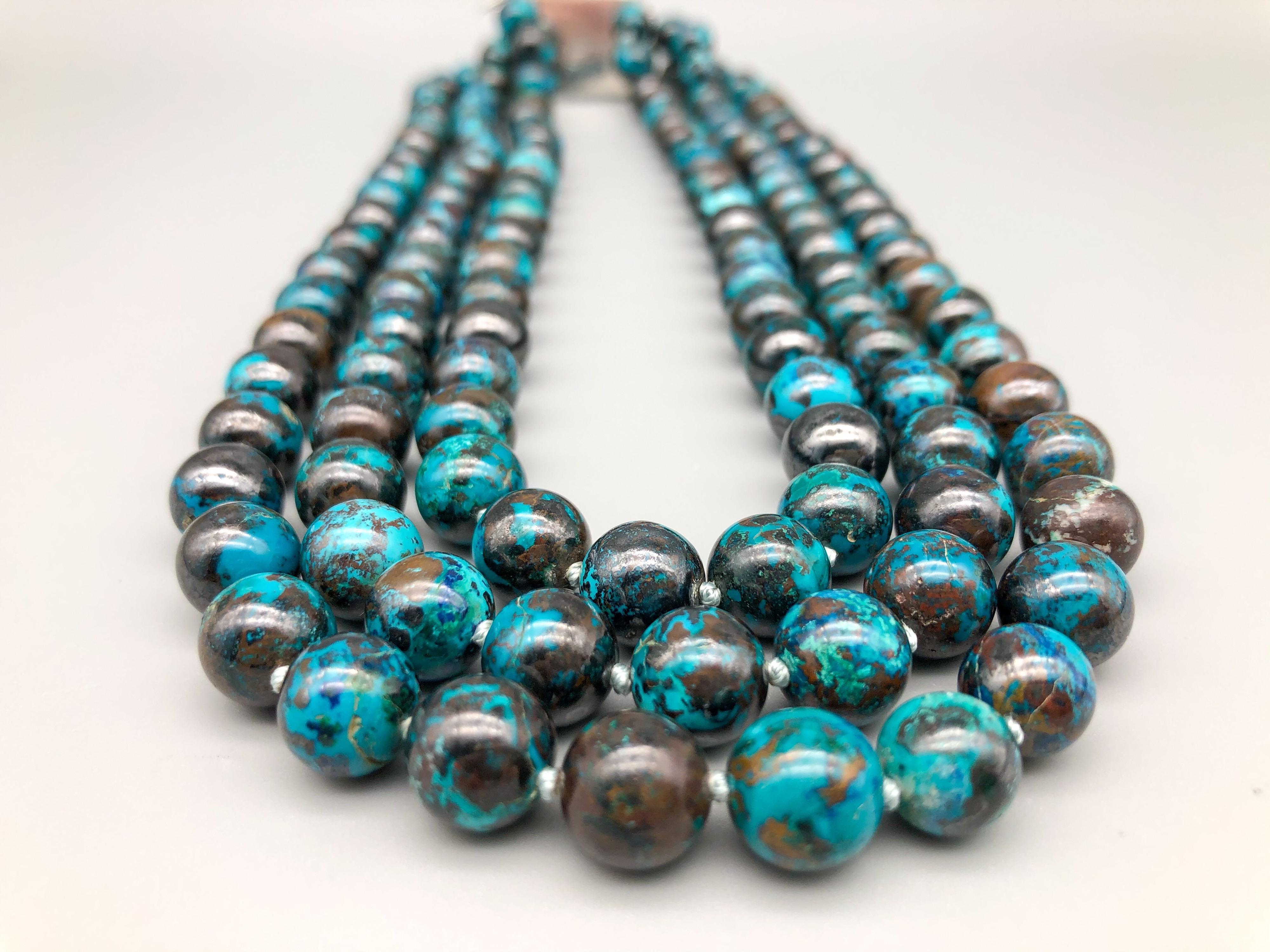 Contemporary A.Jeschel  3 strand Chrysocolla Necklace in a glorious Splash of color